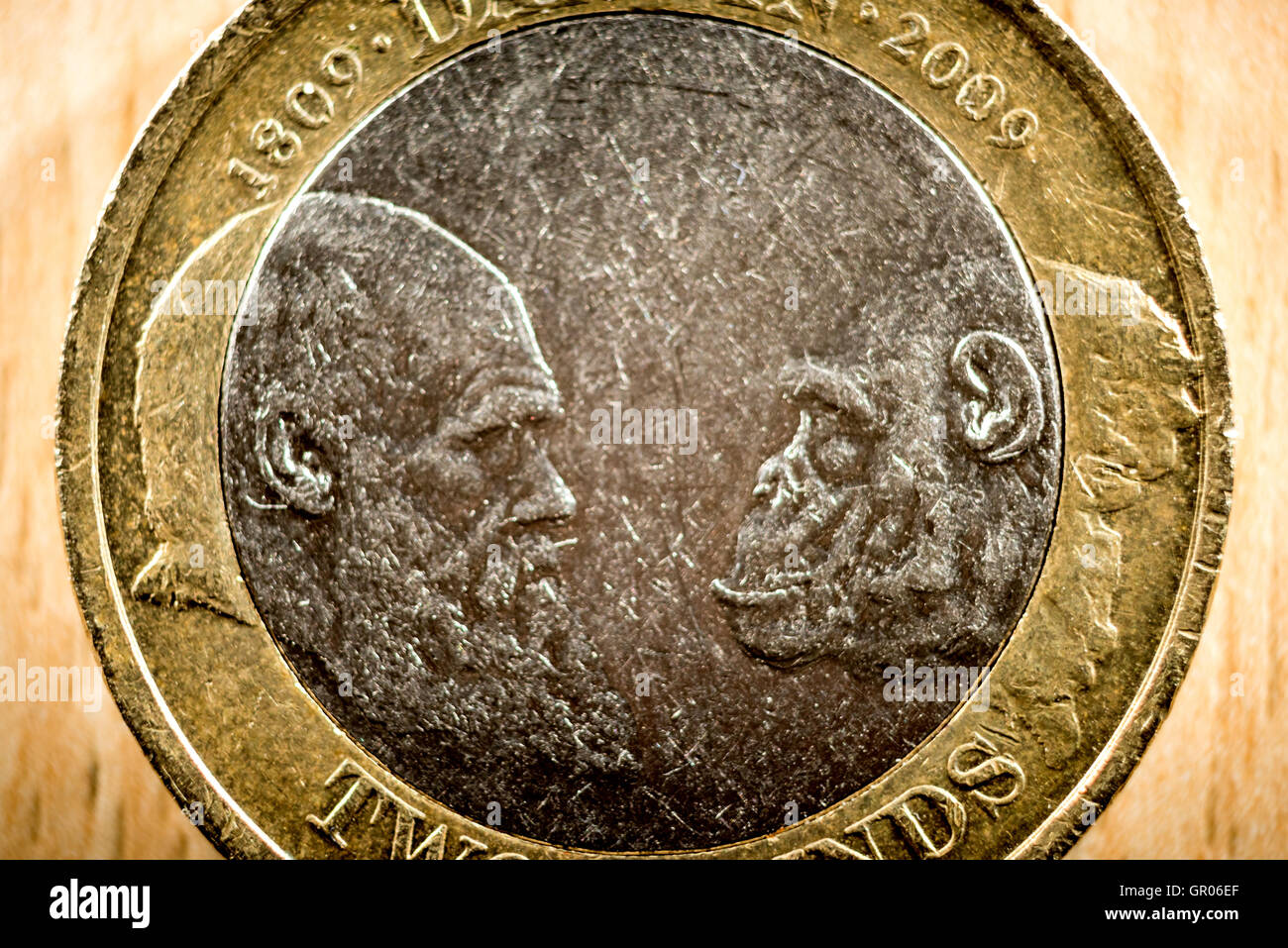 Una rara British due pound coin celebra il bicentenario di Charles Darwin la nascita. Foto Stock