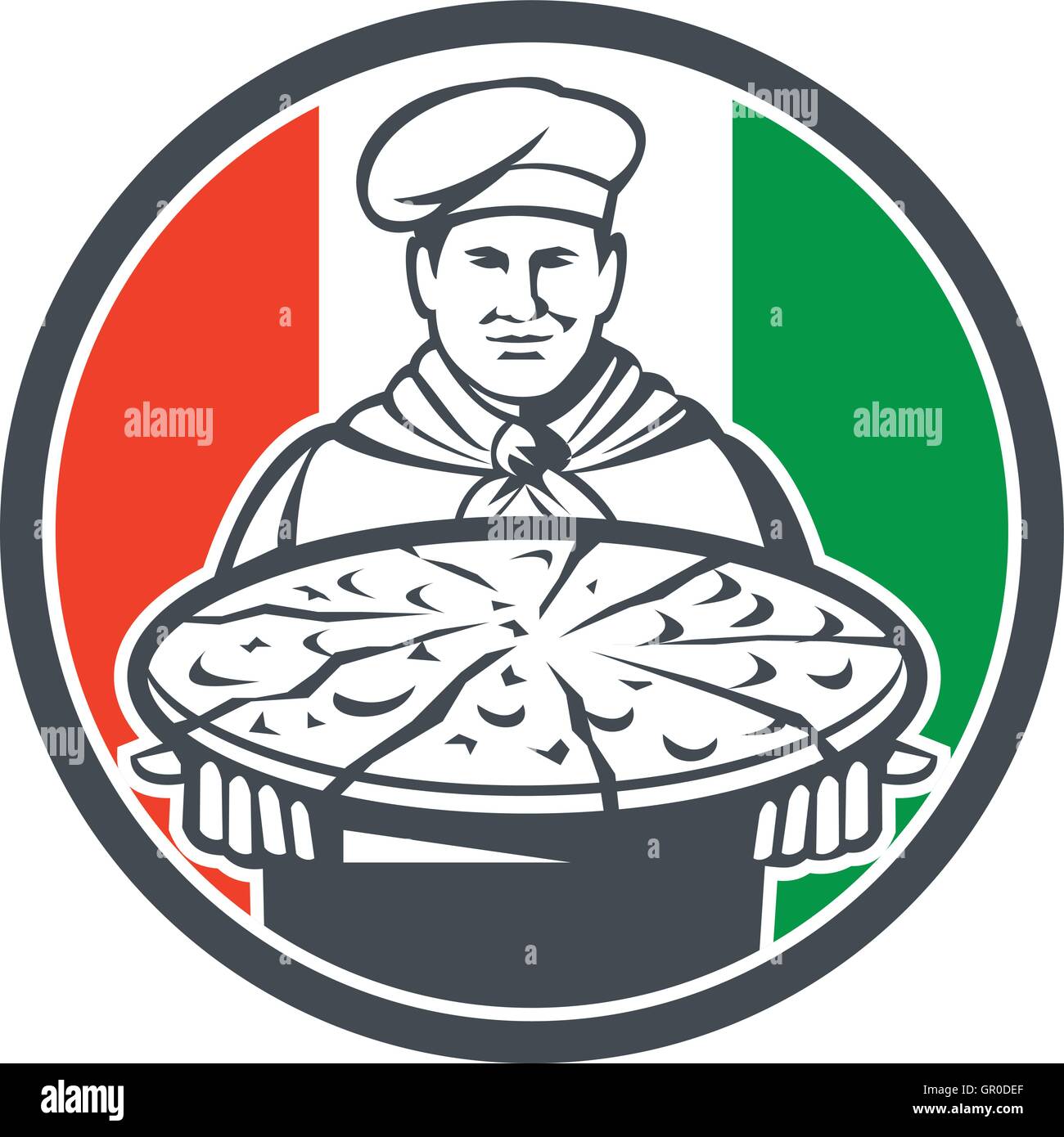 Illustrazione di un cuoco italiano, cuocere baker che serve pizza platter rivolto verso la parte anteriore impostato all'interno del cerchio con la bandiera dell'Italia in background fatto in stile retrò. Illustrazione Vettoriale