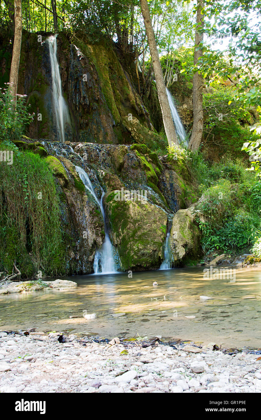 Vista la piccola cascata di acqua nella foresta Foto Stock