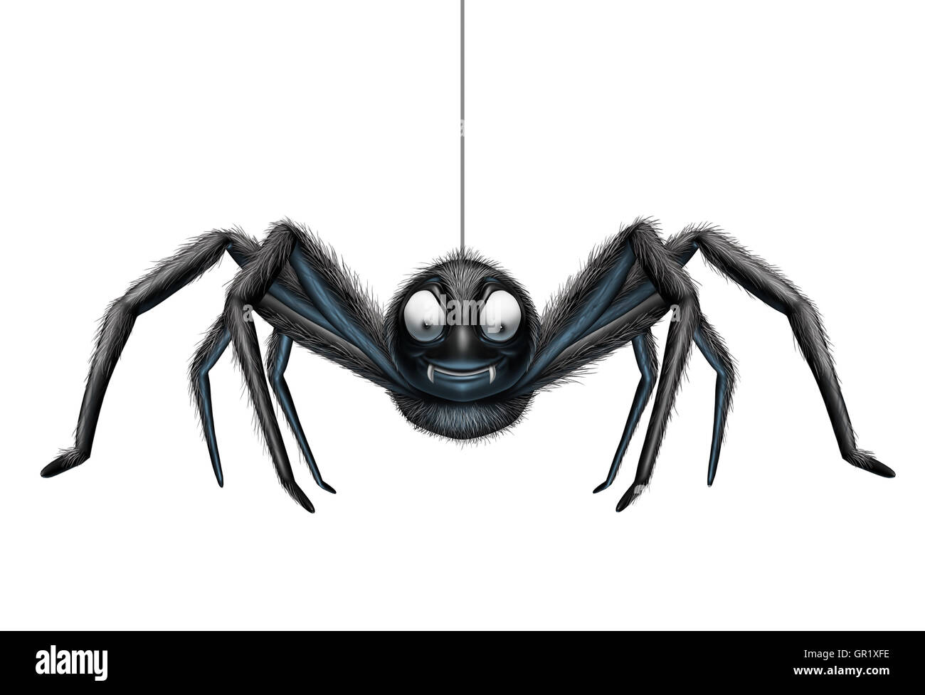 Creepy spider appesi da un singolo filo di seta come scary halloween elemento isolato su uno sfondo bianco come un 3D'illustrazione. Foto Stock