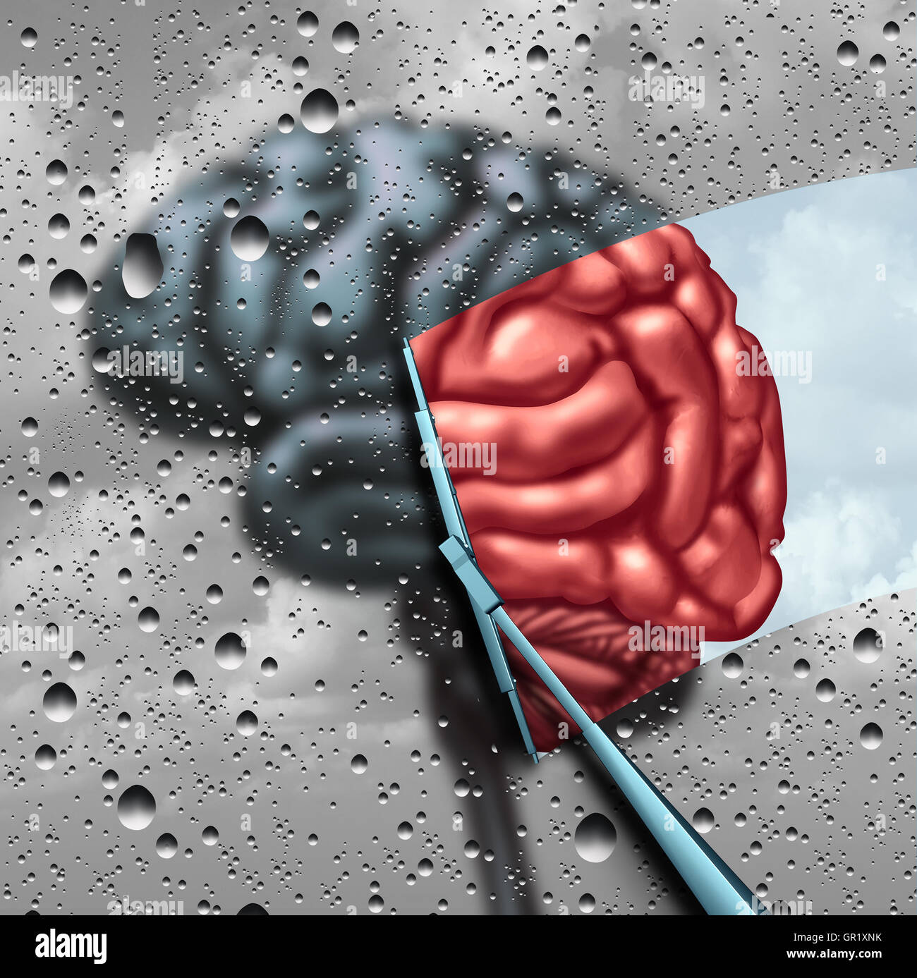 La terapia della demenza e malattia del cervello o cure di salute mentale concetto di trattamento come un cervello sfocate con gocce su una finestra come un tergicristallo pulisce la confusione di un sano pensare organo come un simbolo per la neurologia o aiuto psicologico con 3D'illustrazione degli elementi. Foto Stock