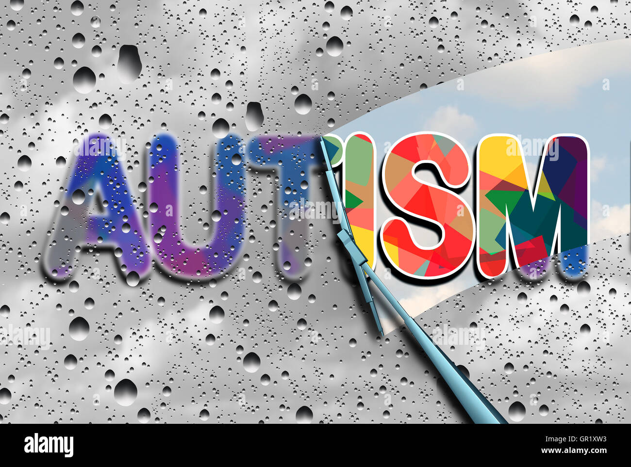 Di sensibilizzazione sull'autismo e disturbi autistici concetto come nuvoloso testo sfocato con tergivetro deselezionando la confusione esponendo una forte comprensione della sindrome neurologica con 3D'illustrazione degli elementi. Foto Stock