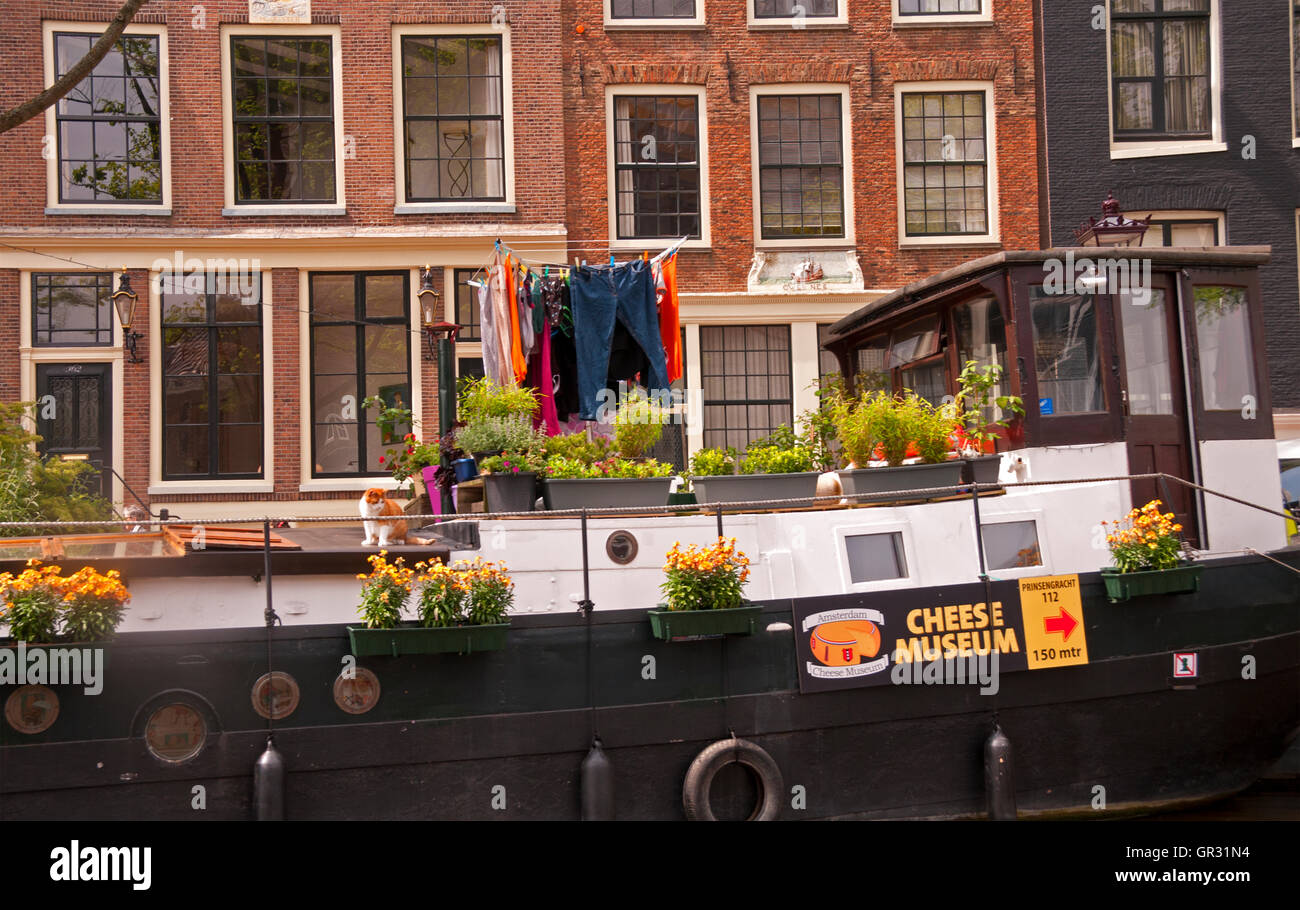 Una tipica vista visto su una crociera lungo i canali di Amsterdam -- la promozione del Museo del formaggio Foto Stock