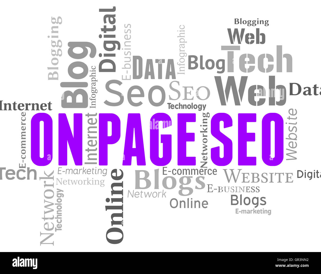 A pagina Seo che mostra i motori di ricerca e Wordclouds Foto Stock