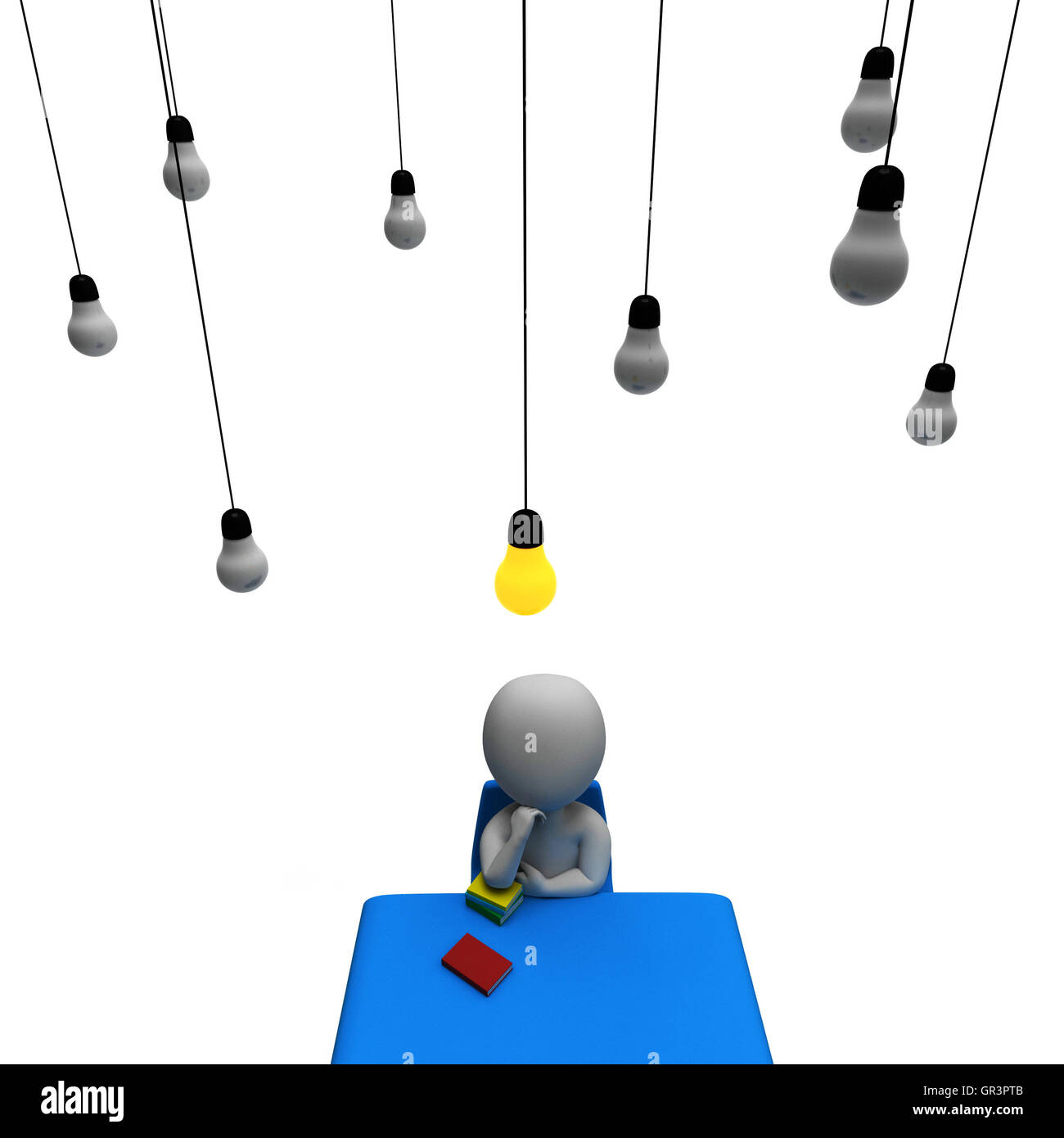 Lampadina uomo mostra Pensare e sorgente di alimentazione 3D Rendering Foto Stock