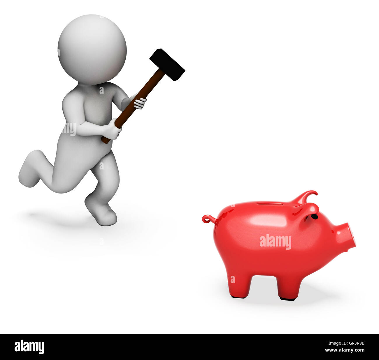 Carattere Piggybank indicando spendere parola Shopping e rendering 3D Foto Stock