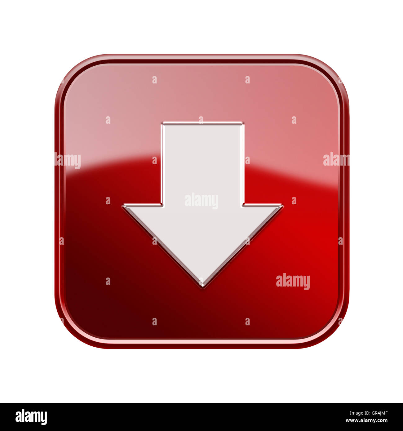 Freccia giù icona rossa lucida, isolato su sfondo bianco Foto Stock
