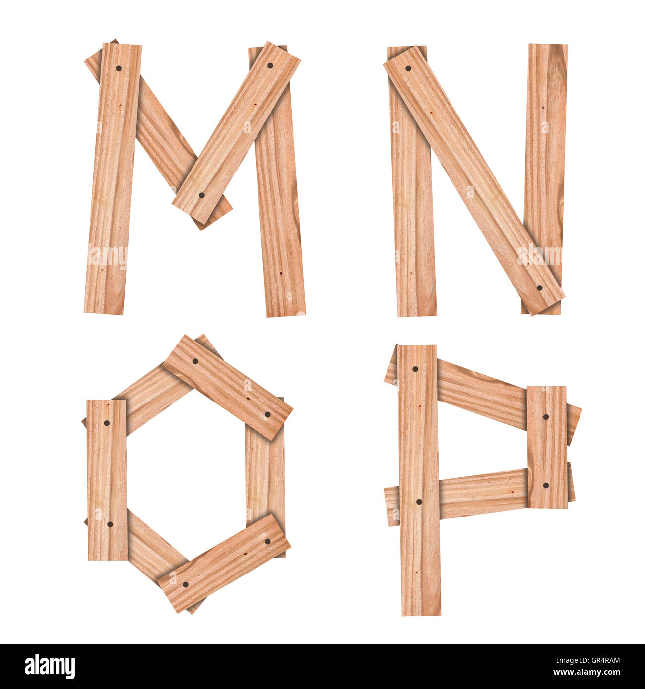 Lettera alfabeto M,N,O,P dal pannello di legno con tracciato di ritaglio Foto Stock