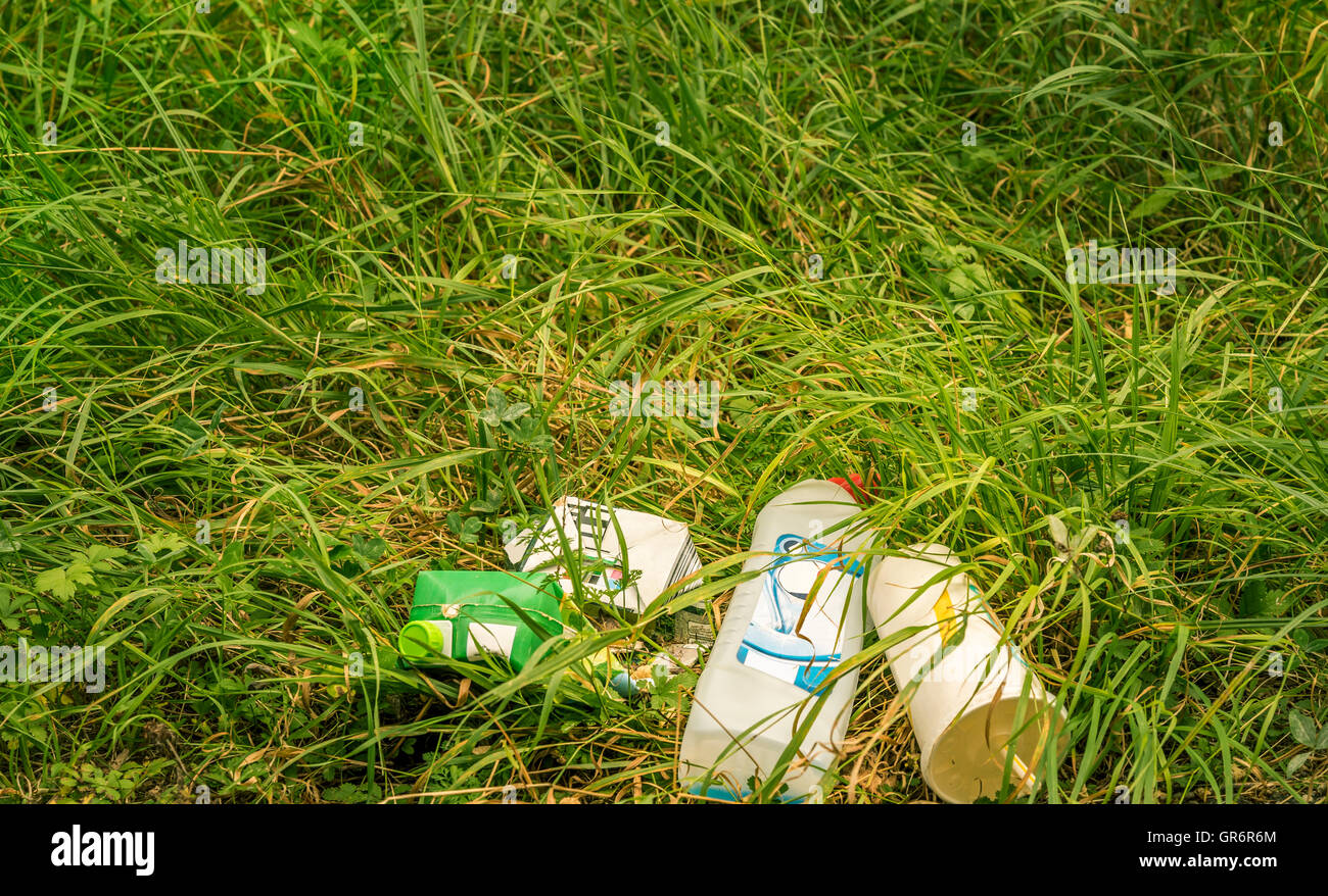 Mazzetto di rifiuti domestici giacenti sull'erba Foto Stock