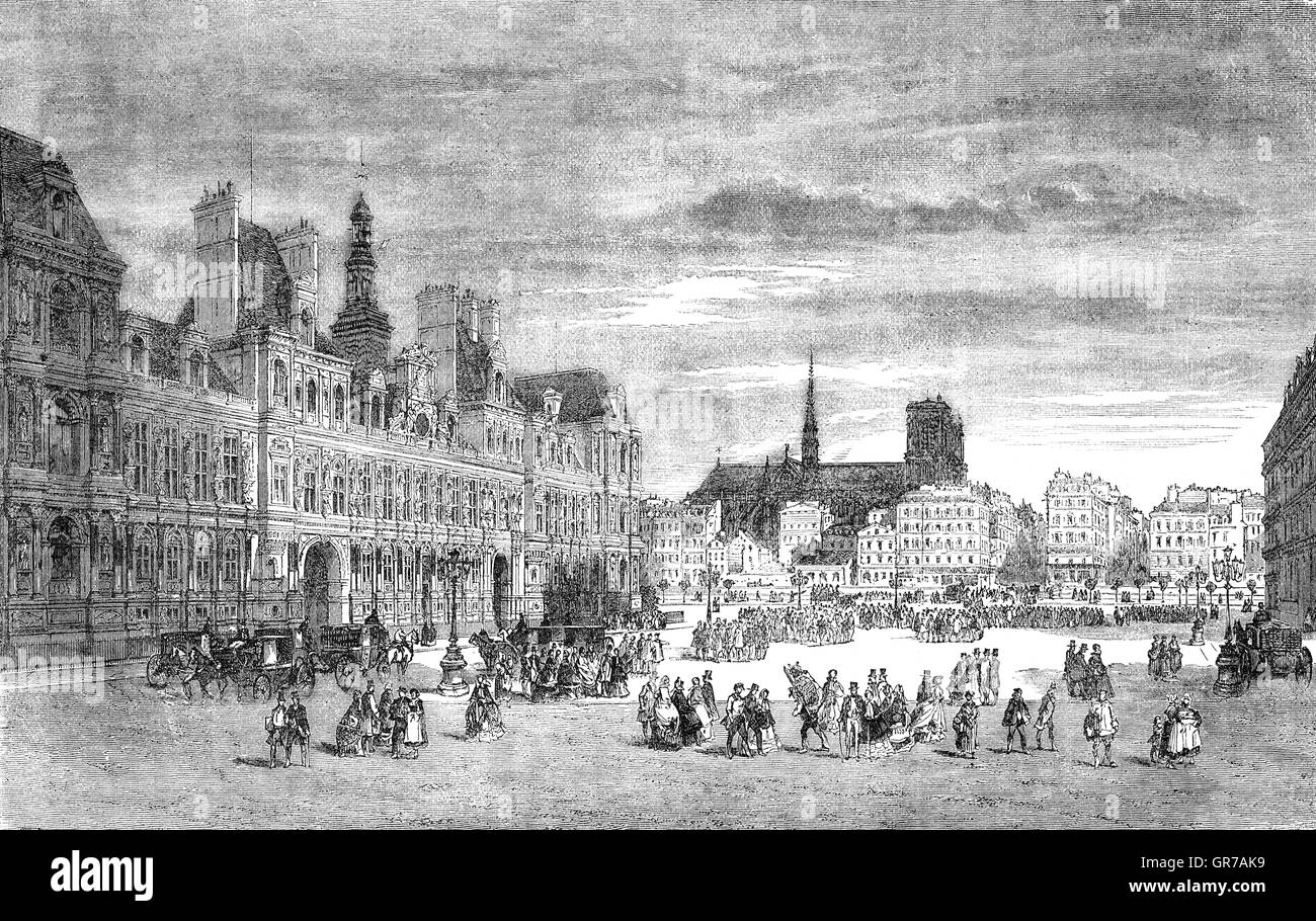 L'Hôtel de Ville, Parigi, Francia, è un edificio che ospita la città di amministrazione locale. In piedi sulla Place de l'Hôtel de Ville nel 4° arrondissement, è stata la sede del Comune di Parigi dal 1357. Foto Stock