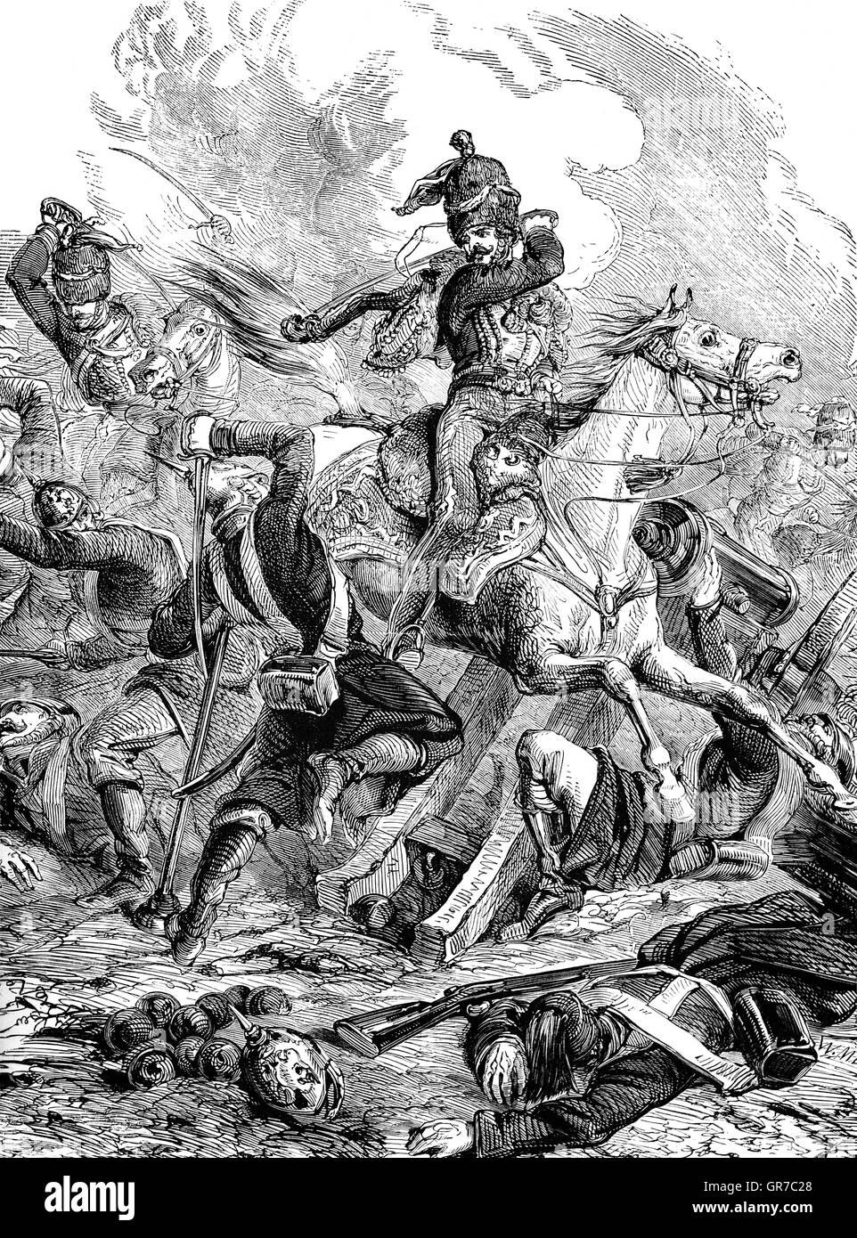 La carica di luce Brigata, un British carica di cavalleria durante la Battaglia di Balaklava. A causa di un malinteso, sono state inviate fino a valle tenuto su tre lati dai russi. Alcuni 250 uomini sono stati uccisi o feriti riducendo in modo efficace le dimensioni della brigata montato da due terzi e distruggere alcuni dei migliori soldati di cavalleria di luce nel mondo per alcun scopo militare. Foto Stock