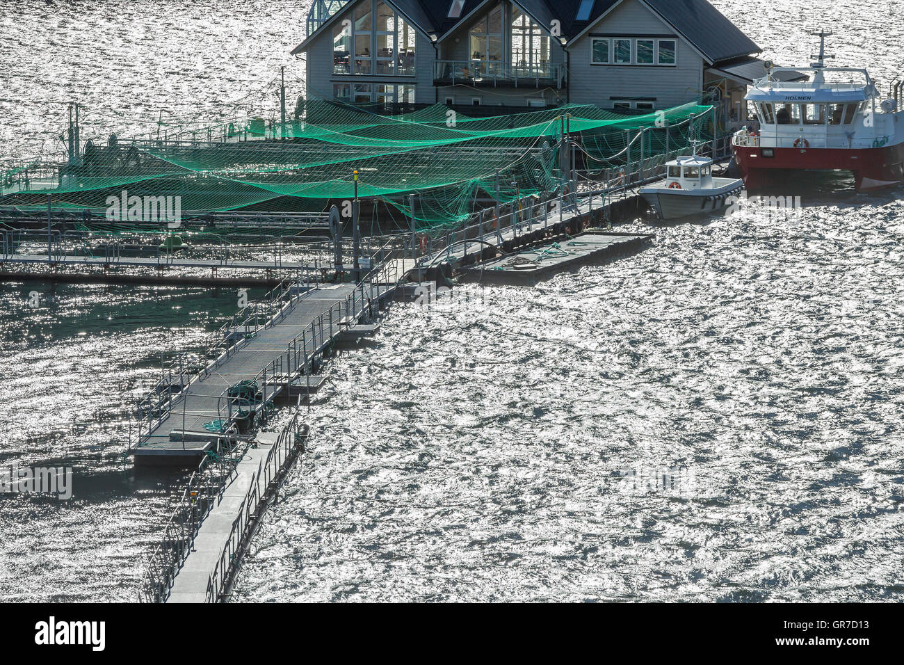L acquacoltura norvegese è spesso basata su Net Gabbie in mare aperto o in baie ed è principalmente utilizzato per l'allevamento del salmone Foto Stock
