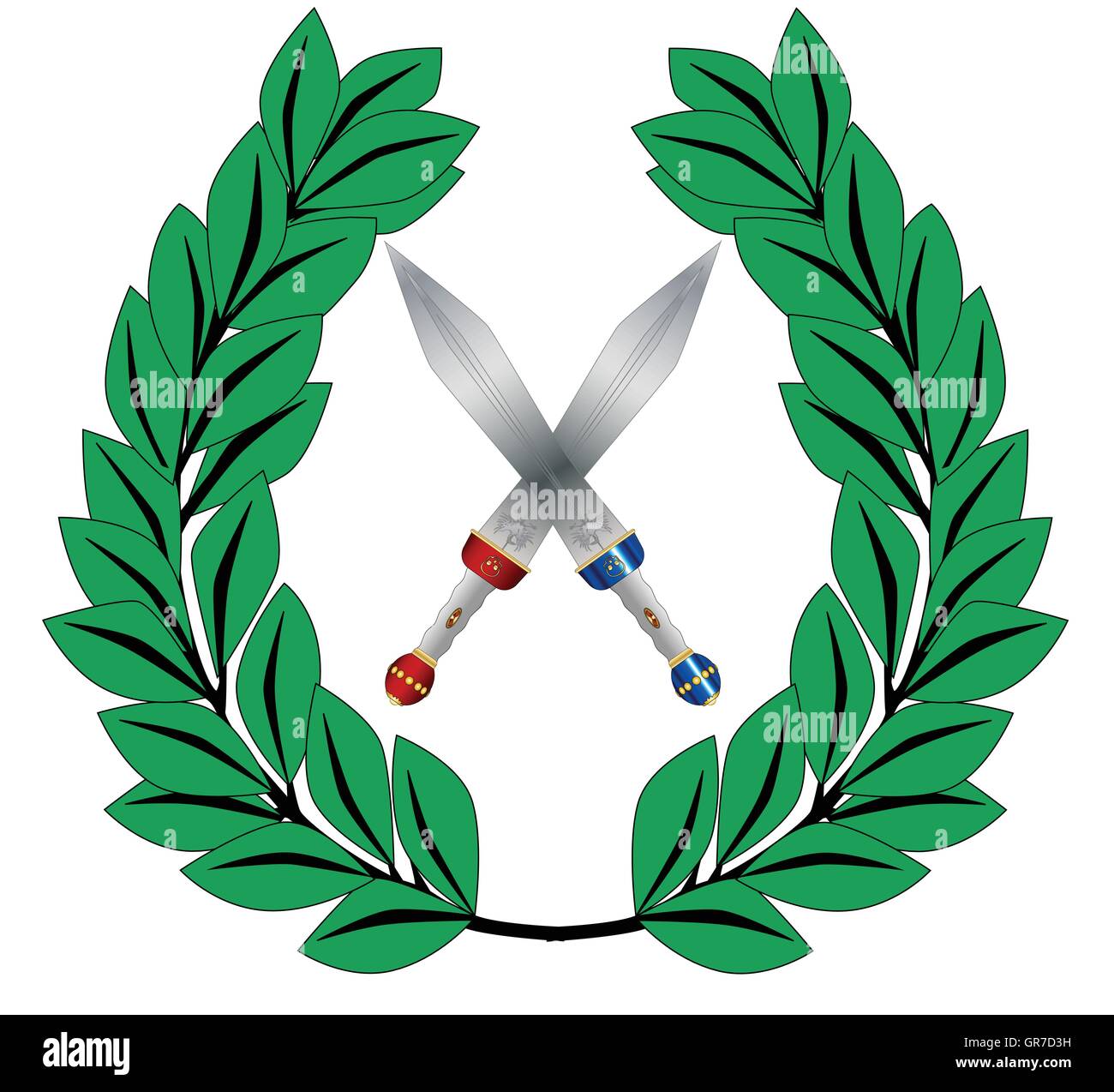Una corona di olive e a due attraversato gladiator spada isolata su uno sfondo bianco Illustrazione Vettoriale