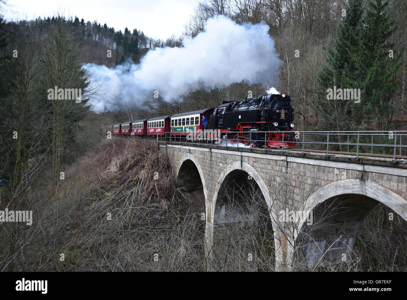 Locomotiva a vapore sul ponte di Arco Foto Stock