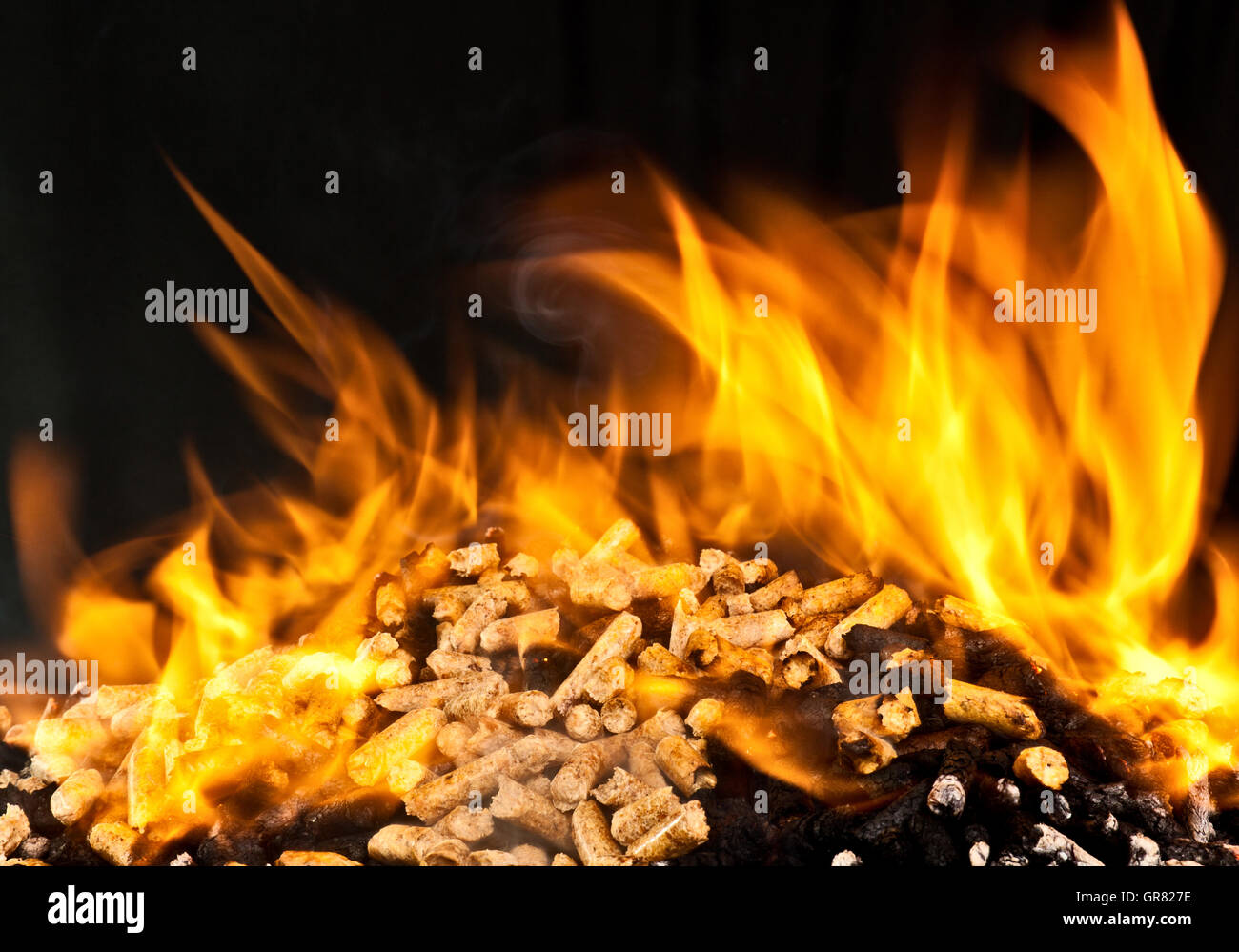 La legna da ardere Pellet con fiamma Foto Stock