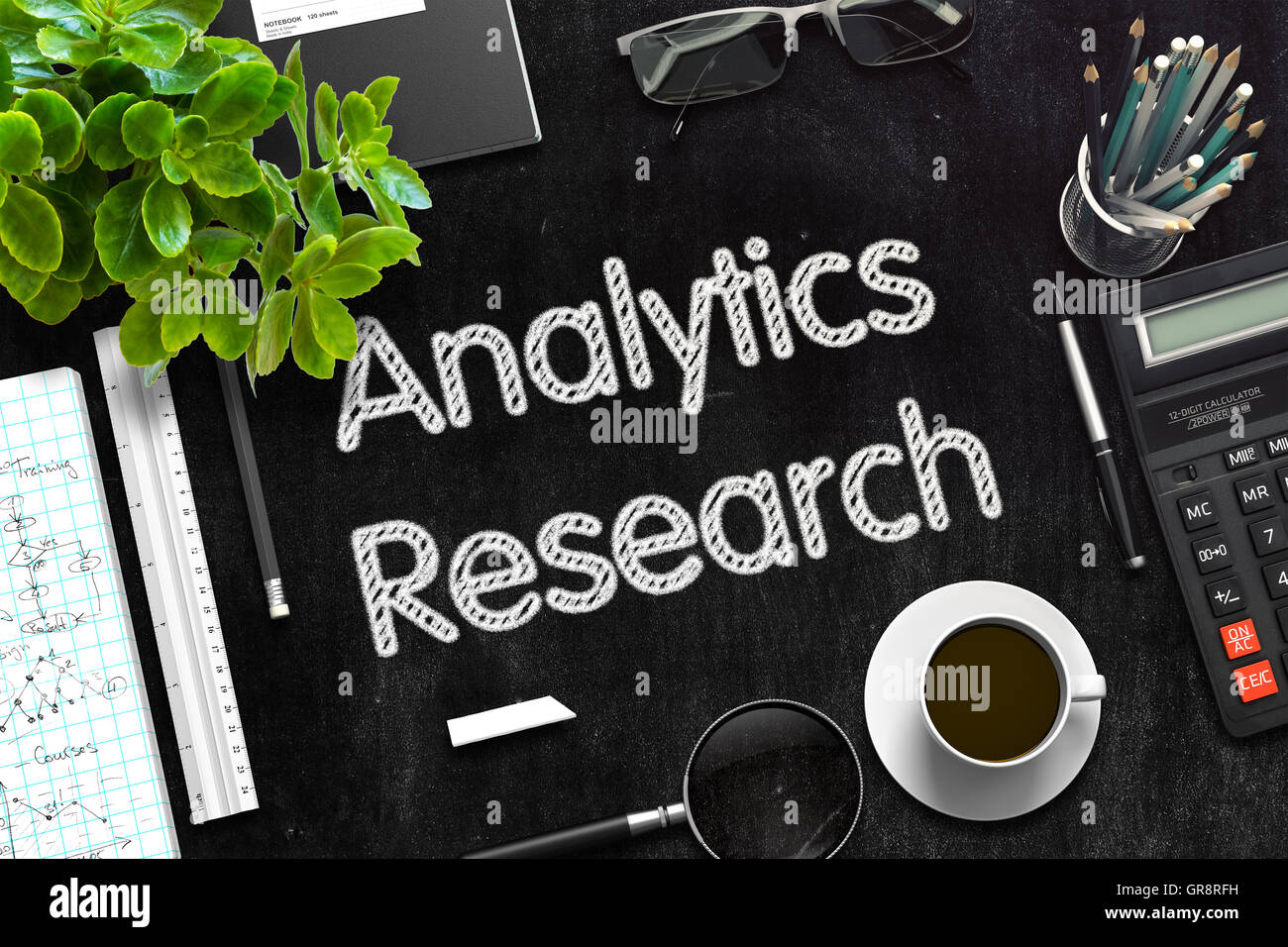 Lavagna nera con analisi di ricerca. Il rendering 3D. Foto Stock