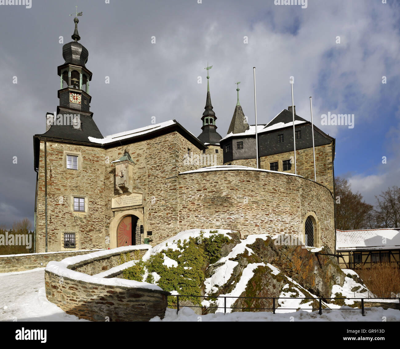 Lauenstein Castle In inverno, Alta Franconia, Baviera, Germania Foto Stock