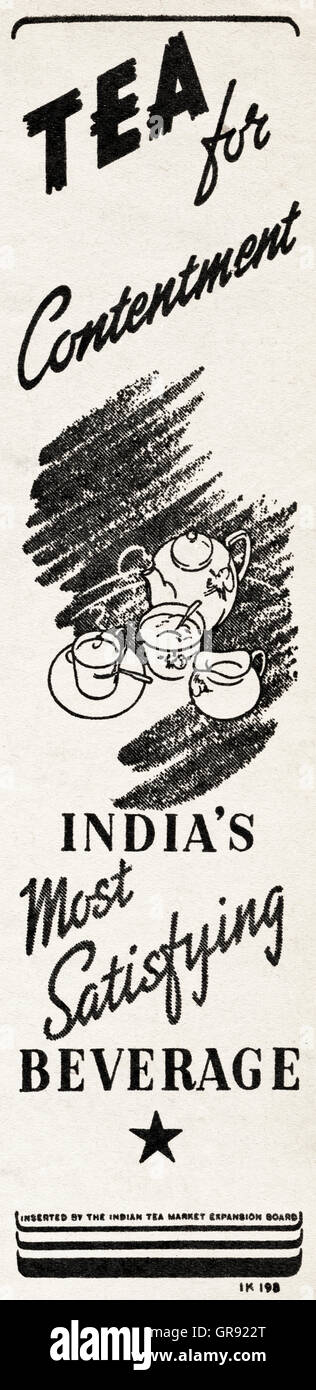 Pubblicità Pubblicità da tè Il tè indiano mercato scheda di espansione originale vecchia vintage annuncio dalla lingua inglese magazine pubblicato in India datata 1945 Foto Stock