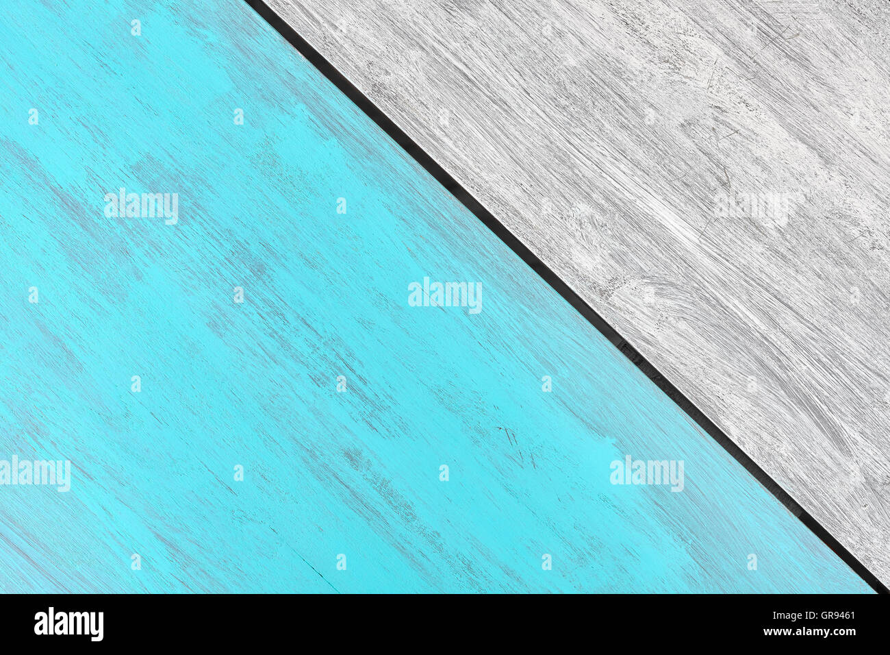 Rustico blu e bianco di legno verniciato tabella, vista da sopra, copia dello spazio. Foto Stock