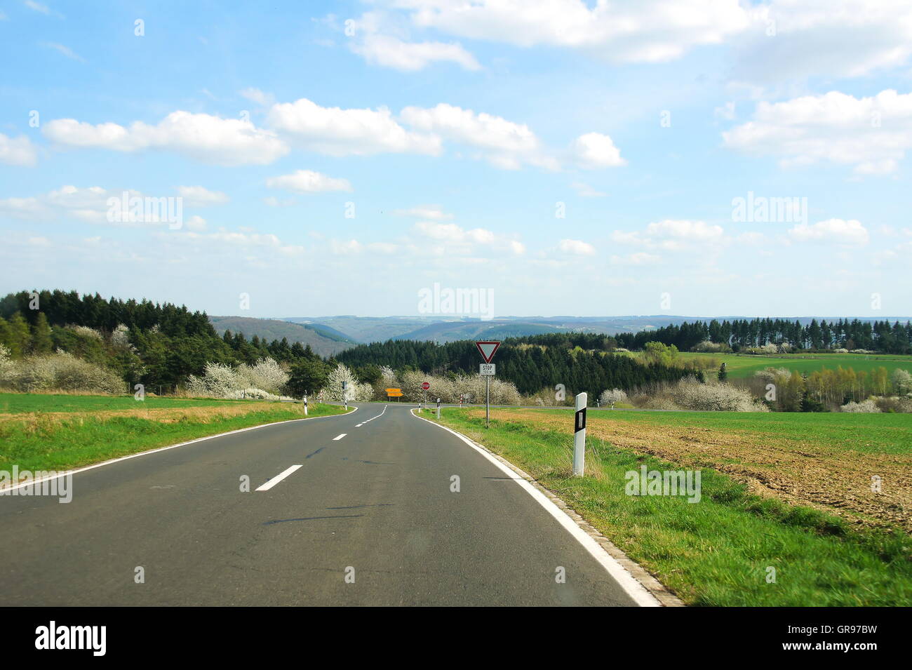 Strada nell'Eifel con ampie vedute dell'Hunsrück Foto Stock
