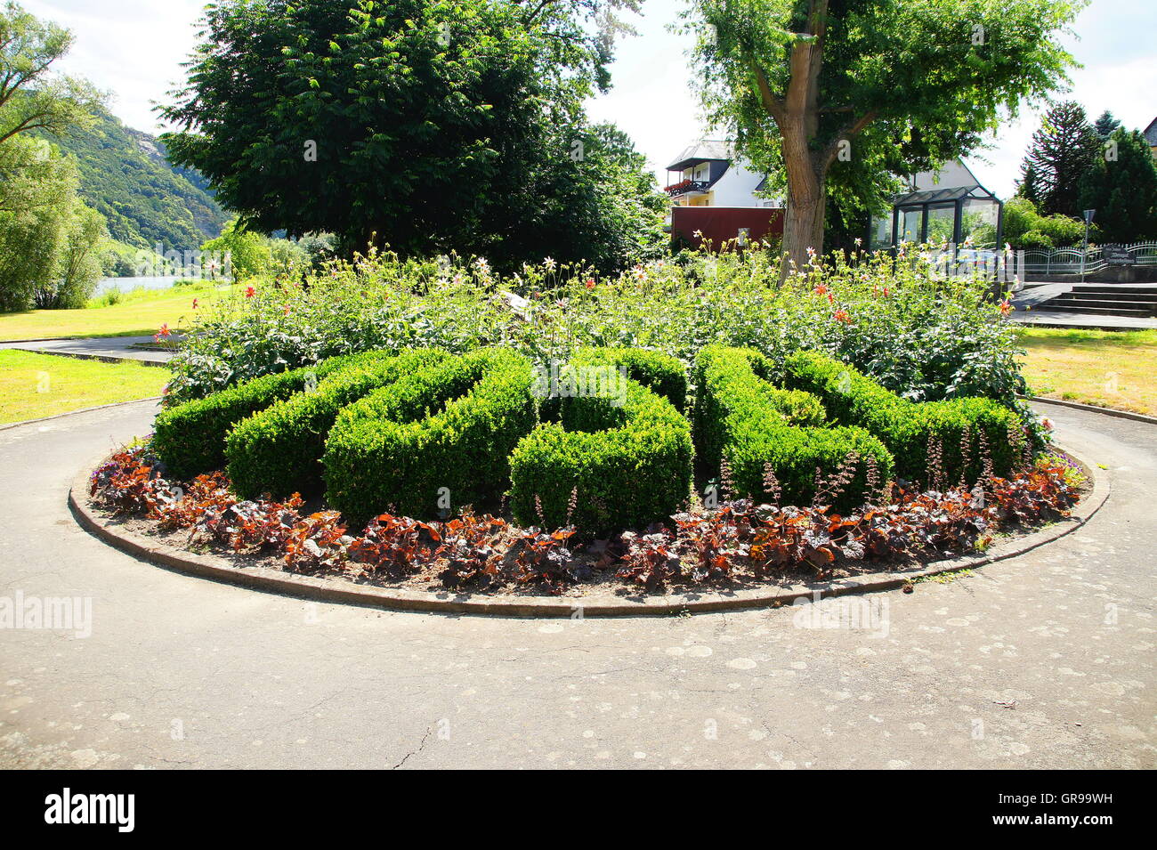 Area giardino Kröv con taglio di legno di bosso per nomi di luogo Foto Stock
