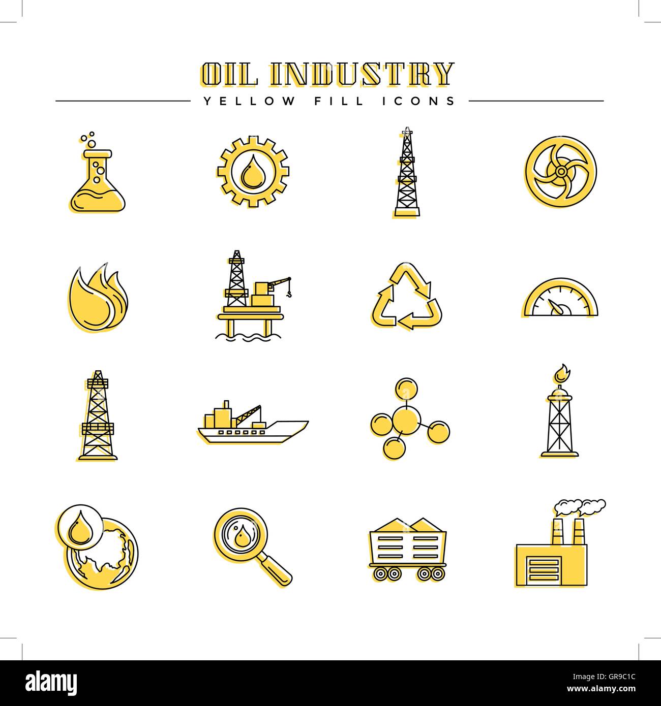 Industria petrolifera e l'energia giallo icone di riempimento Illustrazione Vettoriale