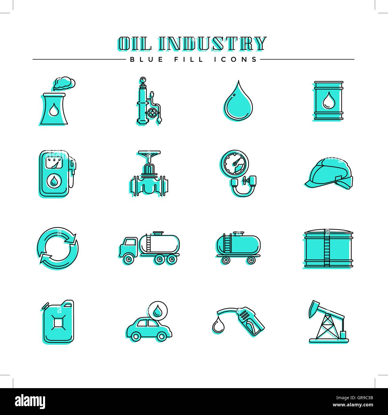 Industria petrolifera e l'energia, riempimento blu set di icone Illustrazione Vettoriale