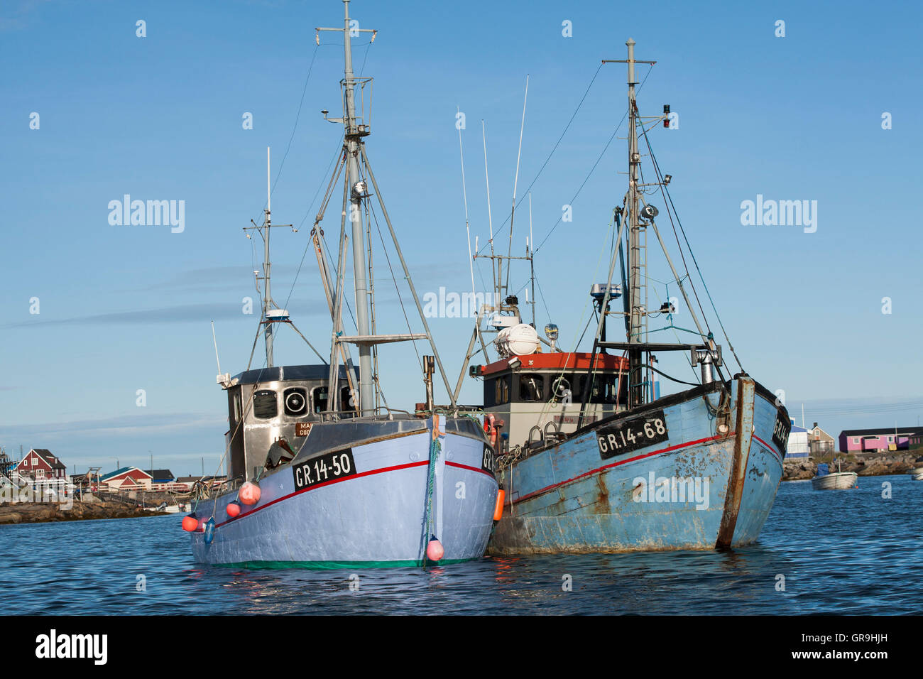 Barche da pesca nel porto di Qeqertarsuaq, Groenlandia Foto Stock