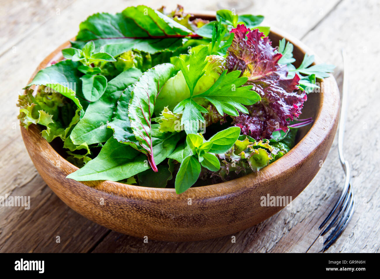 Organico fresco verde insalata mista livelli più rustico sfondo di legno vicino fino Foto Stock