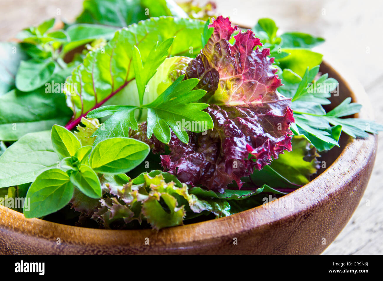 Organico fresco verde insalata mista lascia oltre rustico sfondo di legno vicino fino Foto Stock