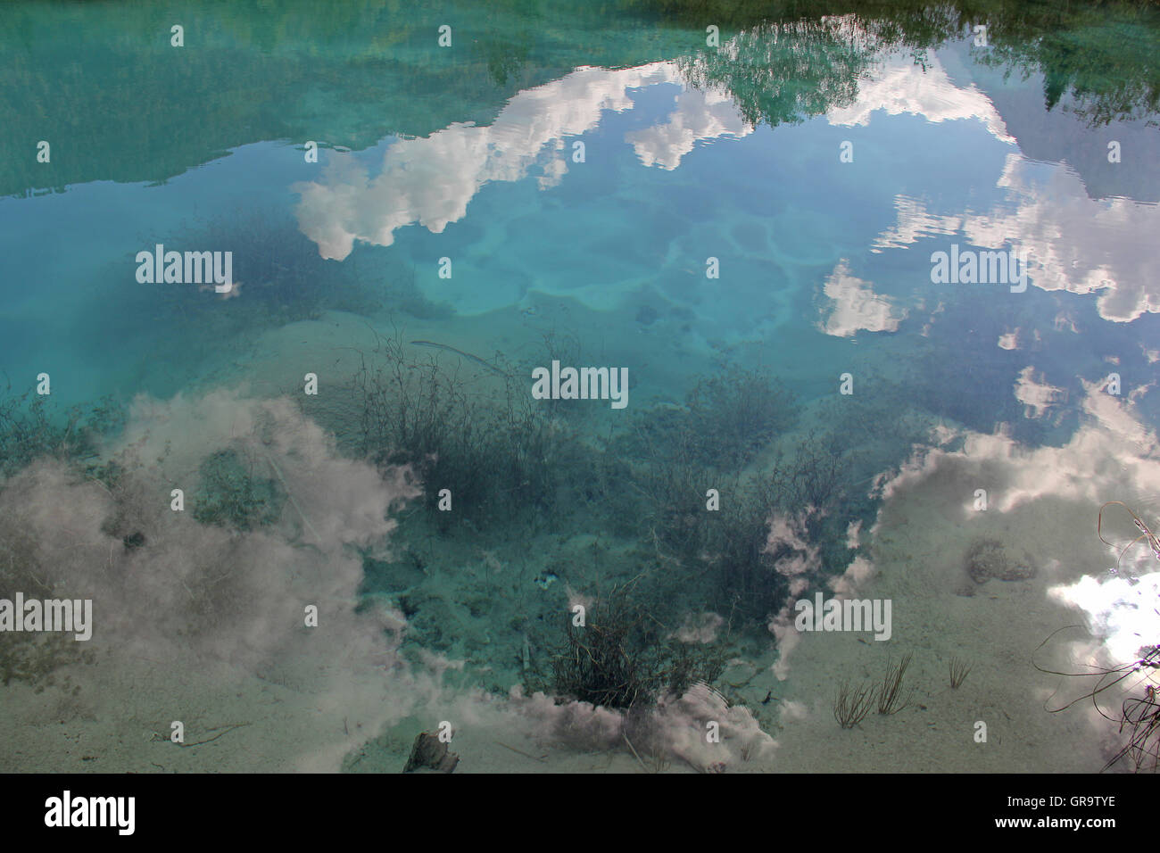 Nuvole riflettono in uno stagno in Slovenia Foto Stock