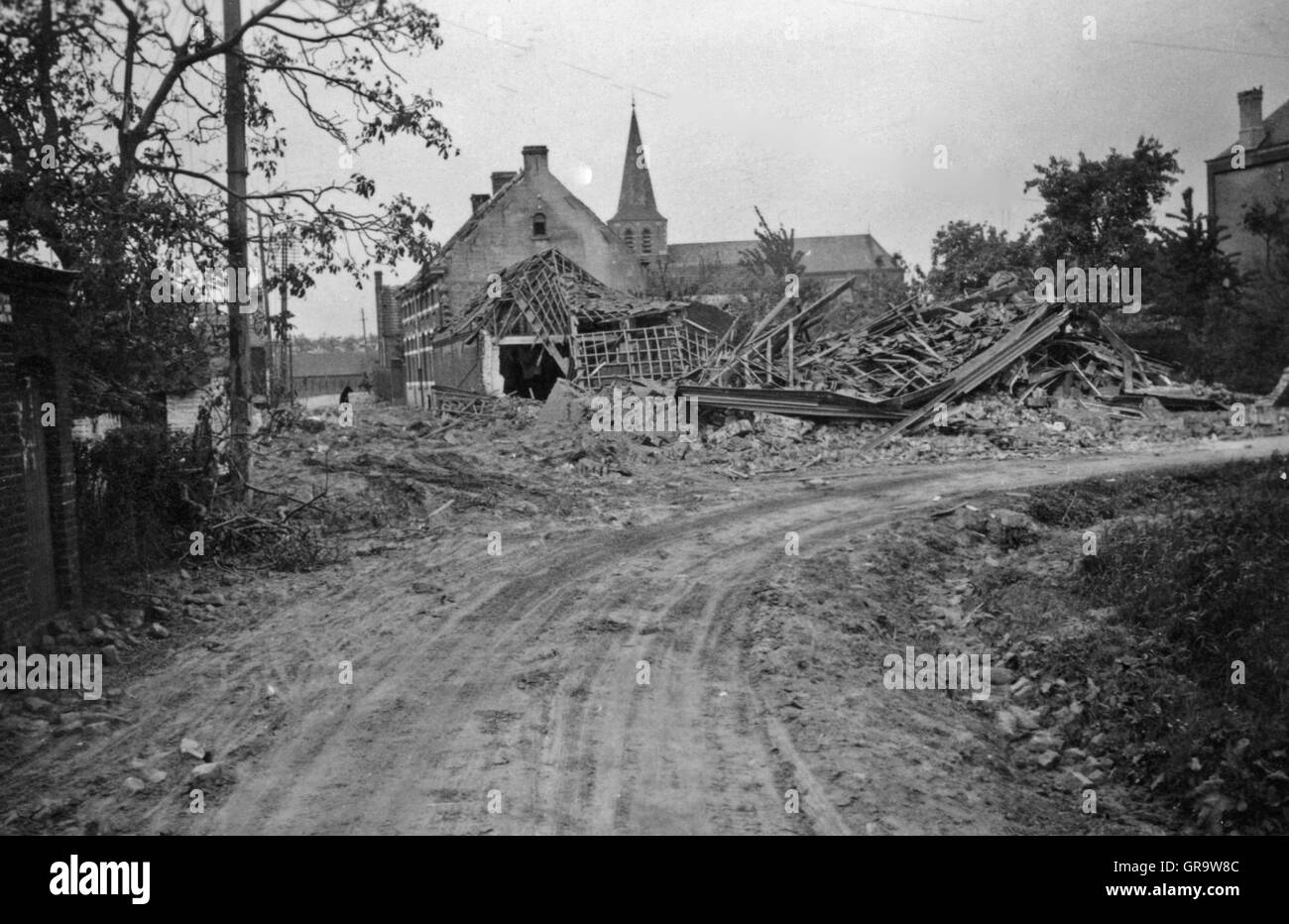 La distruzione della II Guerra Mondiale nel 1940 in Belgio Foto Stock