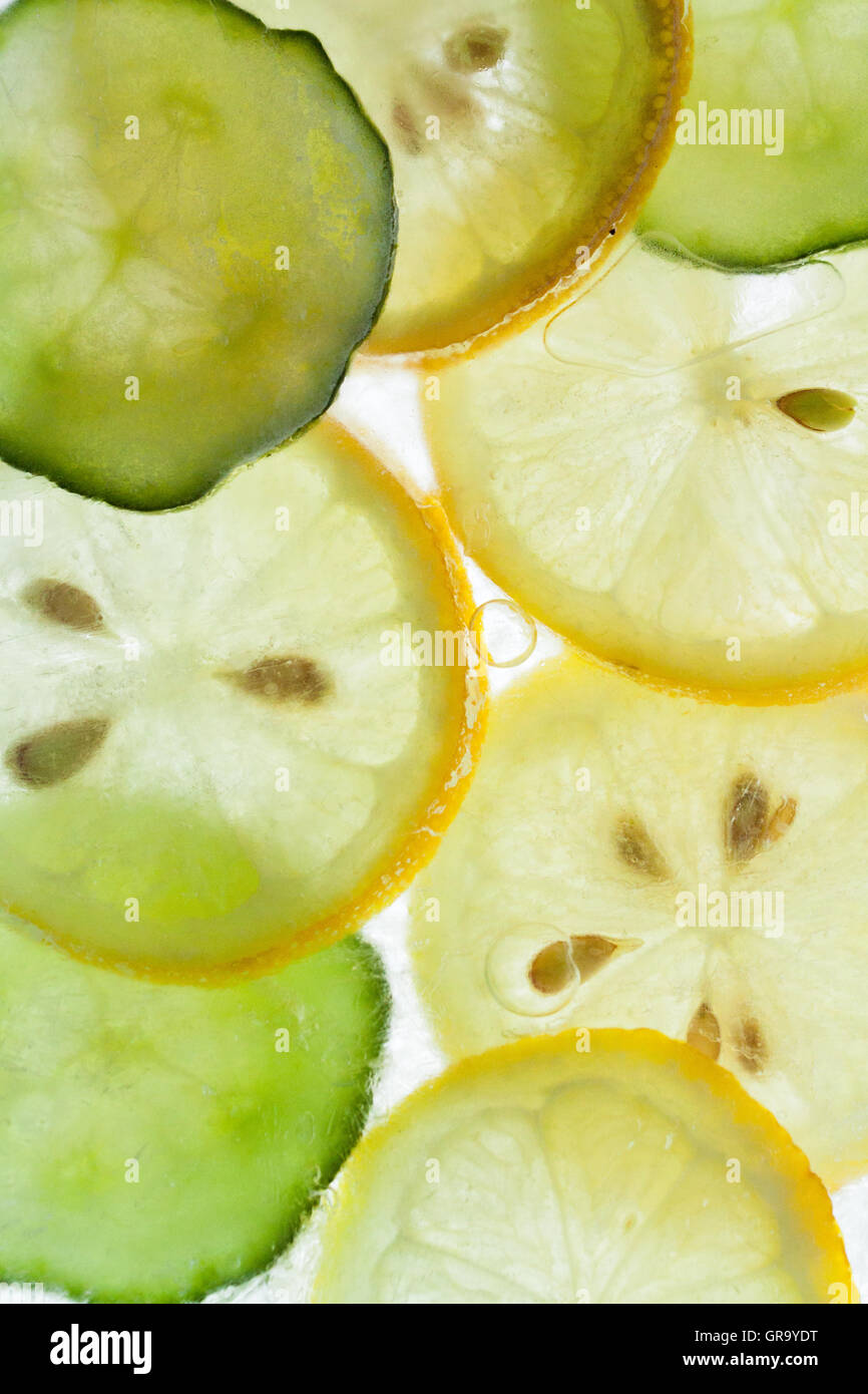 Congelati Cetrioli e limoni su un lightbox Foto Stock