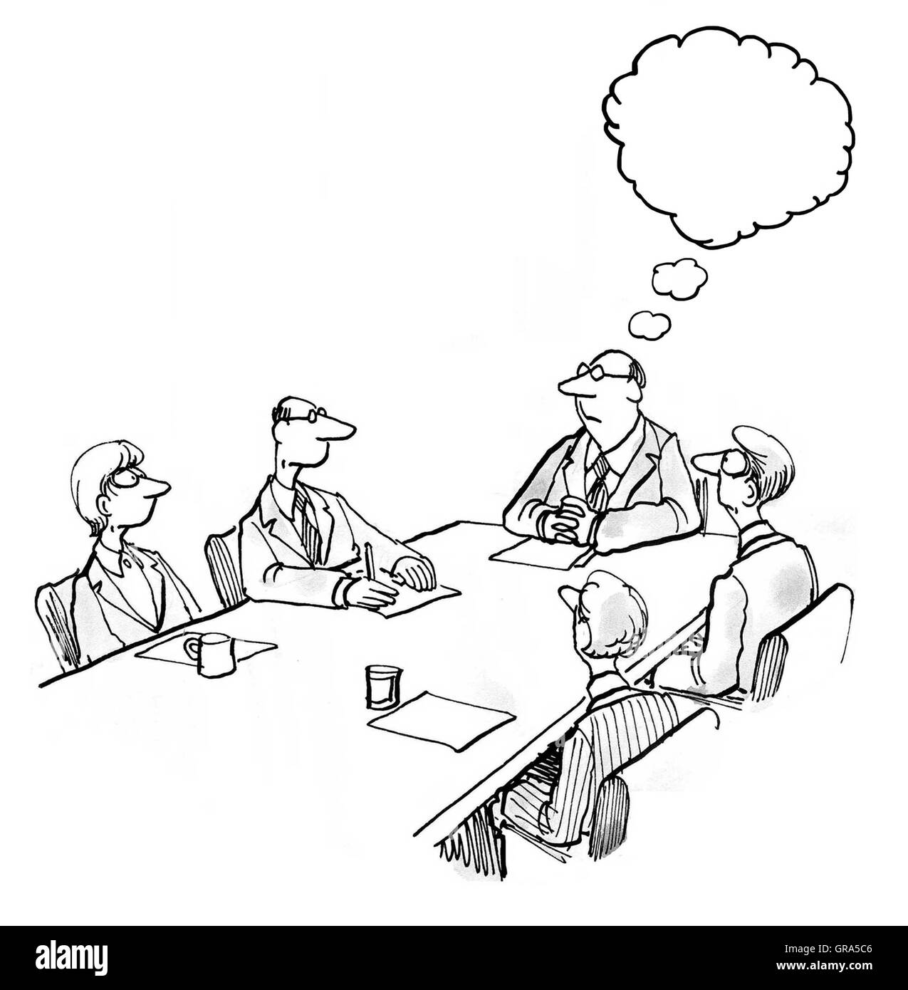 Inserire il proprio testo. Business illustrazione che mostra cinque uomini d'affari in occasione di un incontro con il boss di pensare. Foto Stock