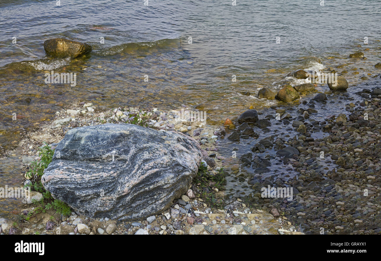 Spiaggia di ciottoli e pietre sul lungomare, all'Reddevitzer Hoeft su Rügen Foto Stock