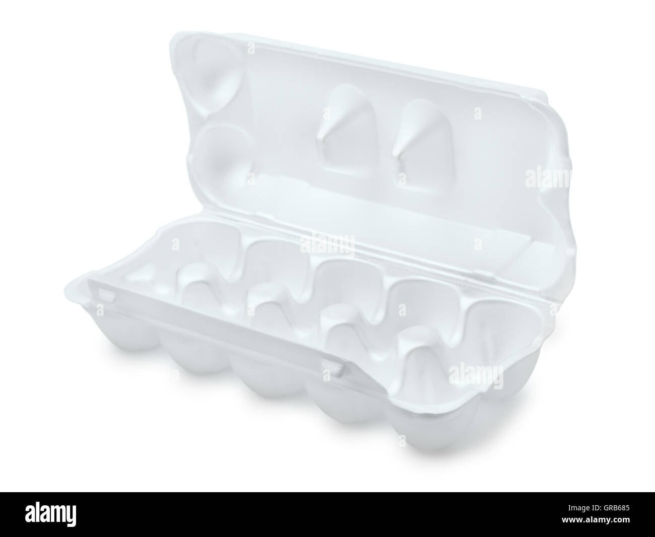 Aprire schiuma scatola uovo isolato su bianco Foto Stock