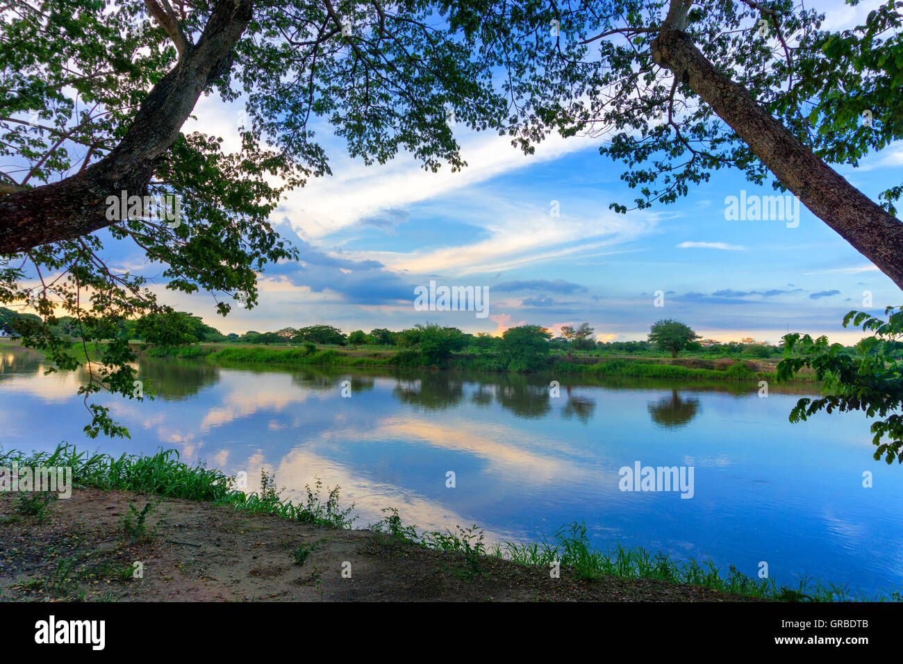 Bella vista del fiume Magdalena incorniciato da alberi in Mompox, Colombia Foto Stock