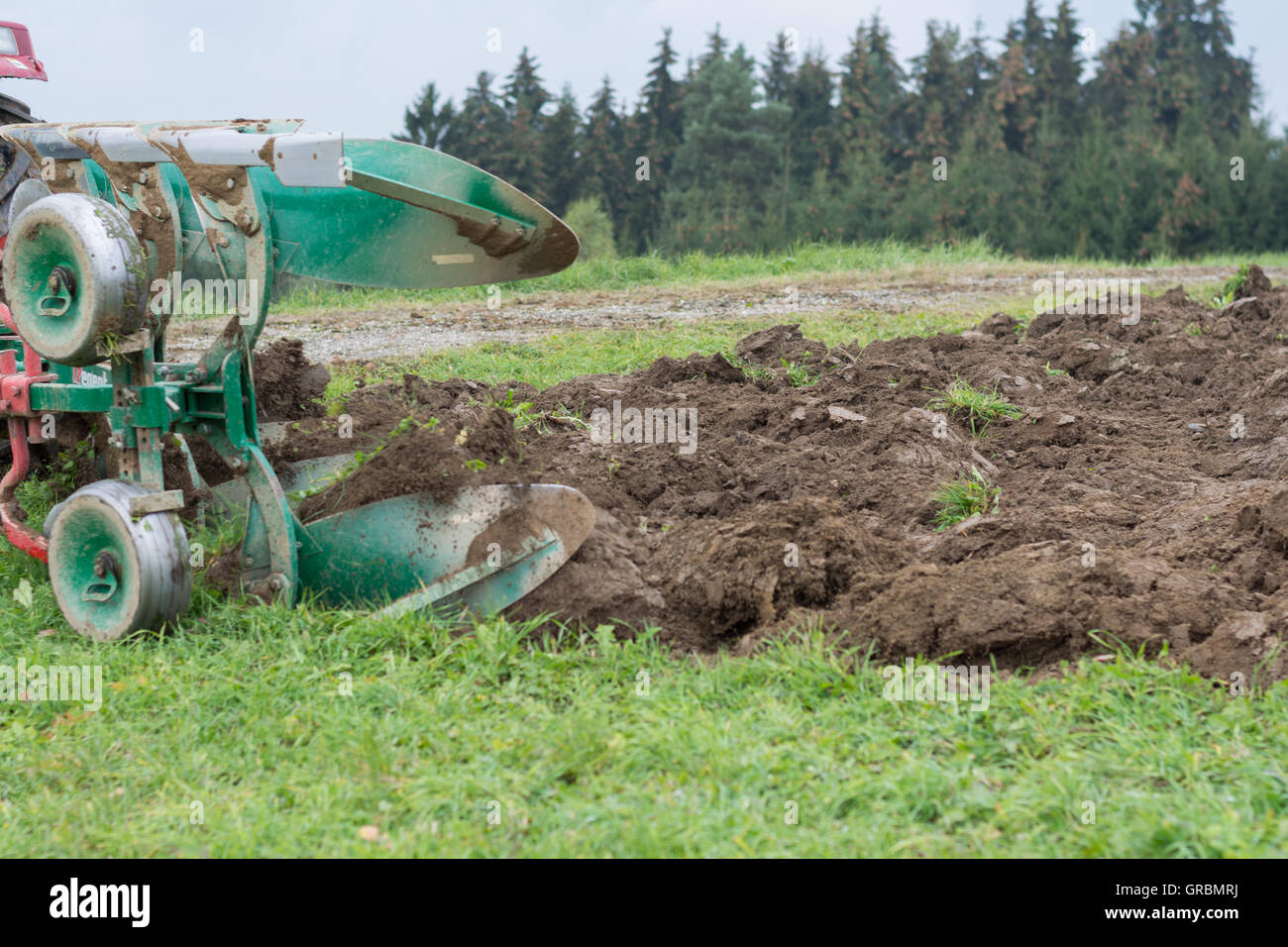 Contadino ara prato intorno e lo trasforma in terreni agricoli Foto Stock