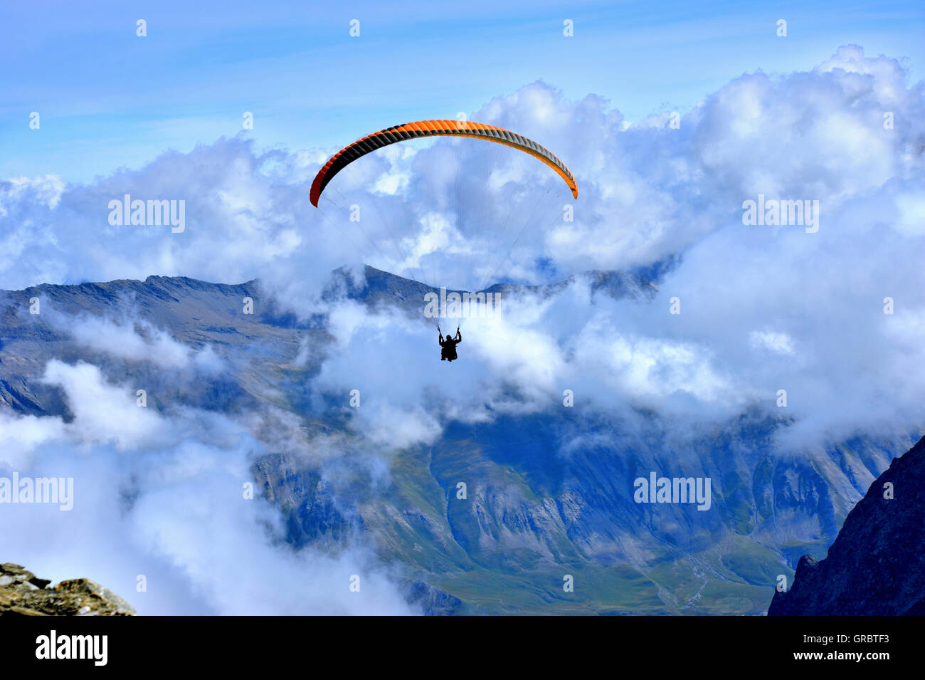 Parapendio a partire salta dalla montagna La Meije, sulle Alpi francesi, Francia Foto Stock