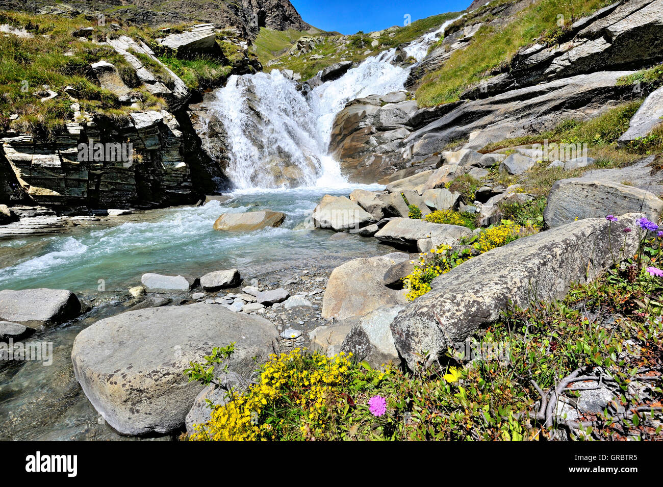 Cascata, Runnel nelle Alpi francesi, il Parc National de la Vanoise, Vallon de La lenta, sulle Alpi francesi, Francia Foto Stock