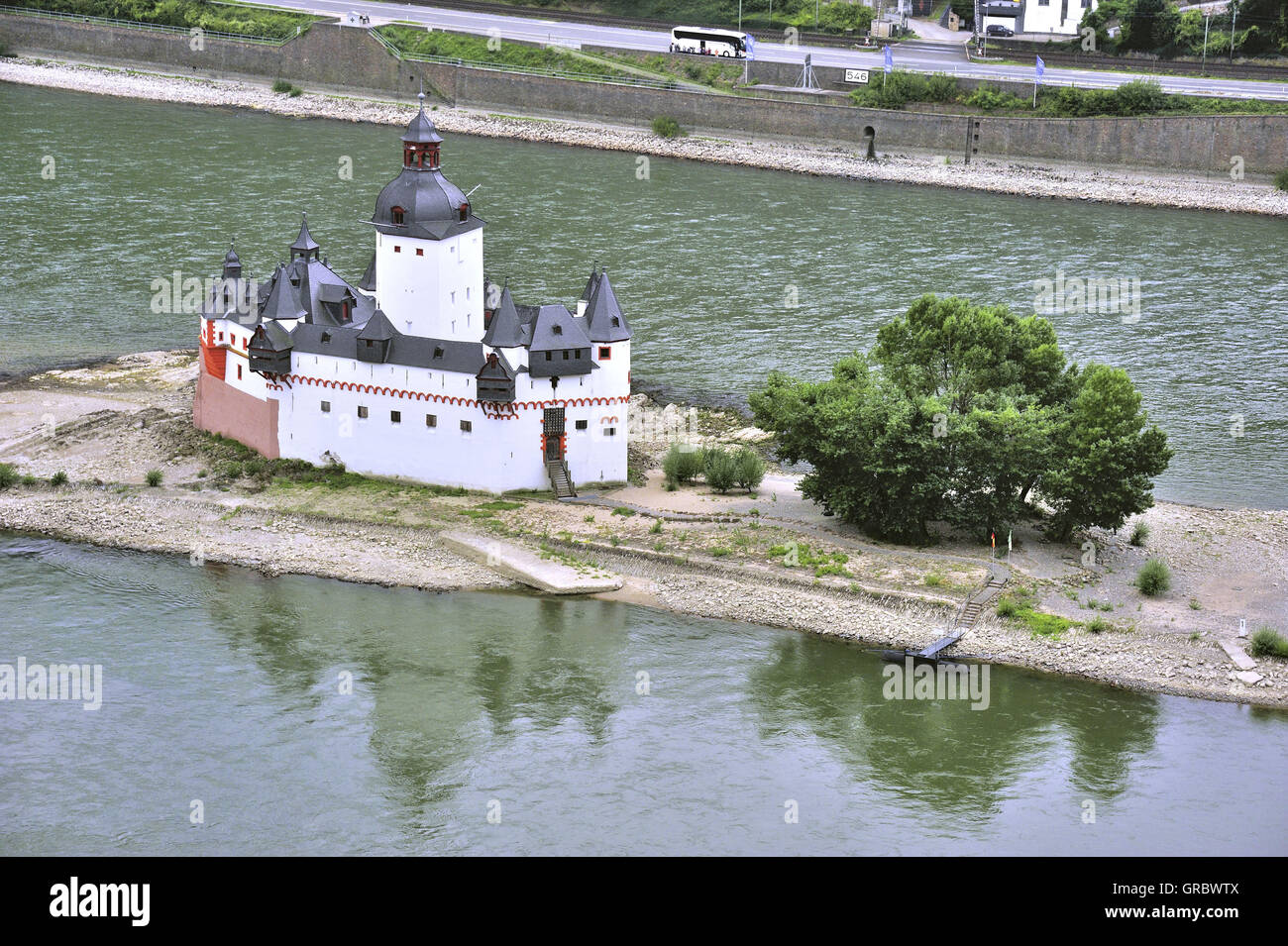 Il castello Pfalzgrafenstein sull'isola Falkenau vicino a Kaub dal di sopra, Valle del Reno superiore e centrale, Germania Foto Stock