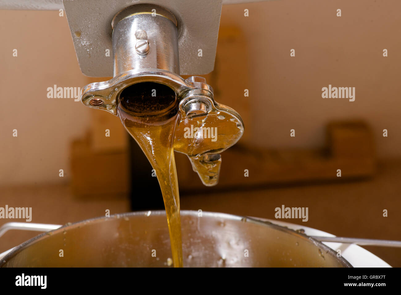 Miele dal versatore Honeyextractor in una benna Foto Stock