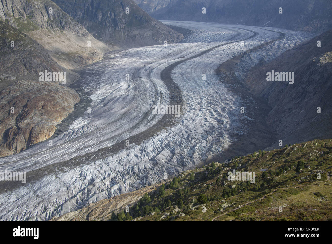 Grande ghiacciaio di Aletsch con inserto mediale e le morene laterali Foto Stock