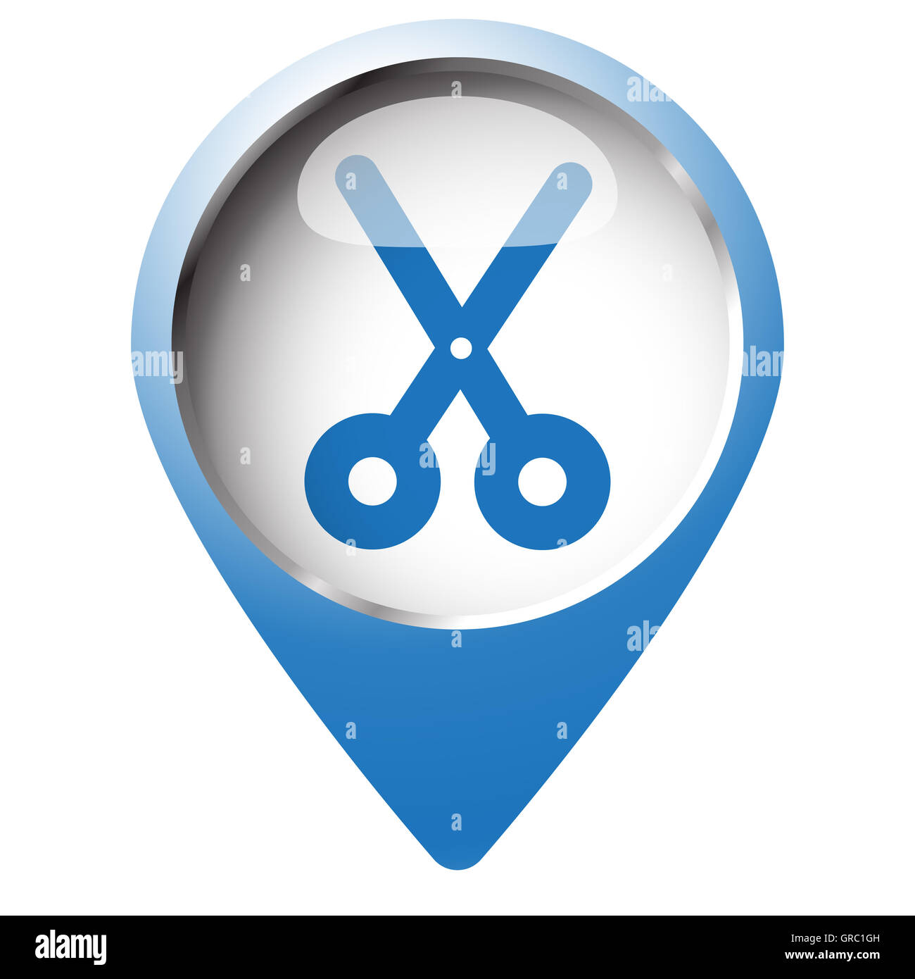 Mappa simbolo pin con l'icona a forma di forbici. Simbolo blu su sfondo bianco. Foto Stock
