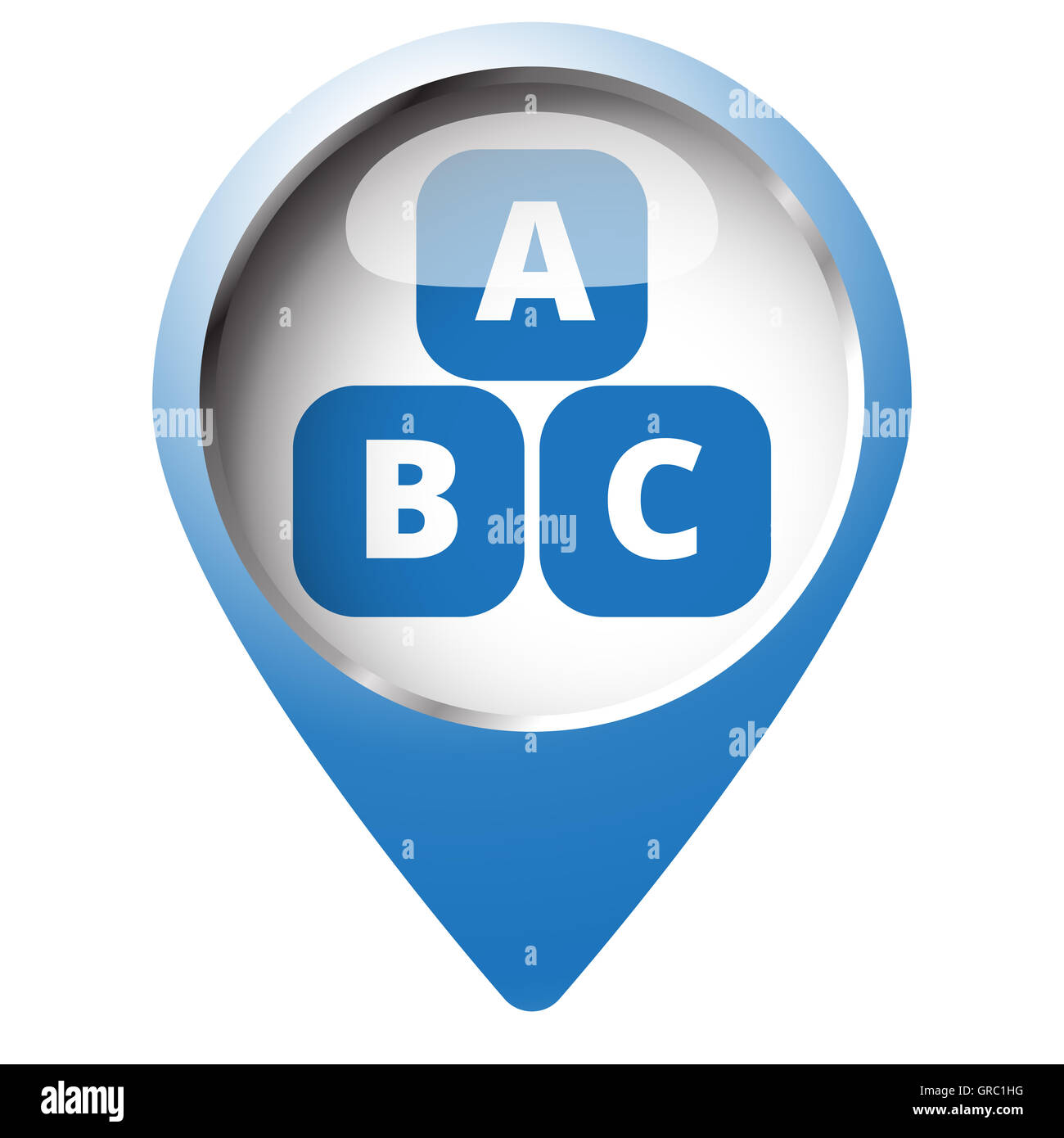 Mappa pin simbolo con blocchi di Abc icona. Simbolo blu su sfondo bianco. Foto Stock