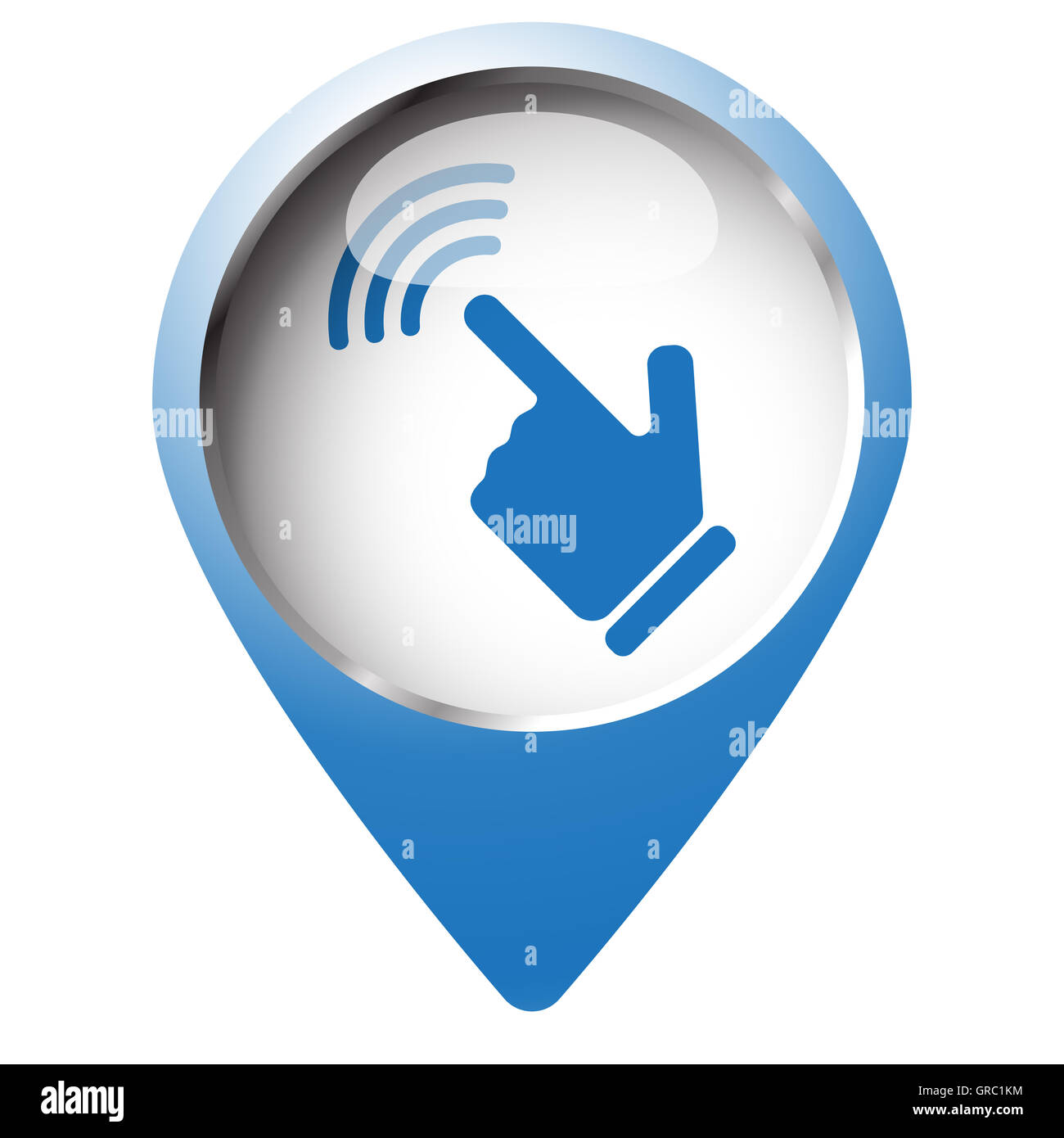 Mappa pin simbolo con il Touch Screen e la relativa icona. Simbolo blu su sfondo bianco. Foto Stock