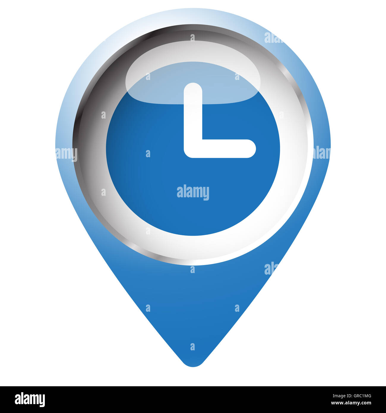 Mappa pin simbolo con icona di un orologio. Simbolo blu su sfondo bianco. Foto Stock