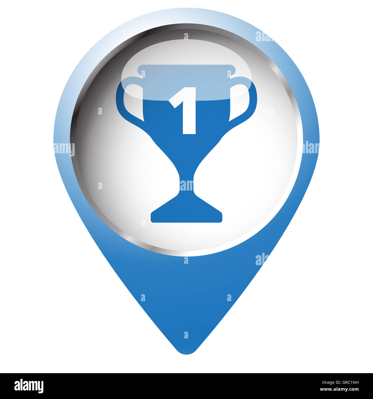 Mappa pin simbolo con il trofeo icona. Simbolo blu su sfondo bianco. Foto Stock