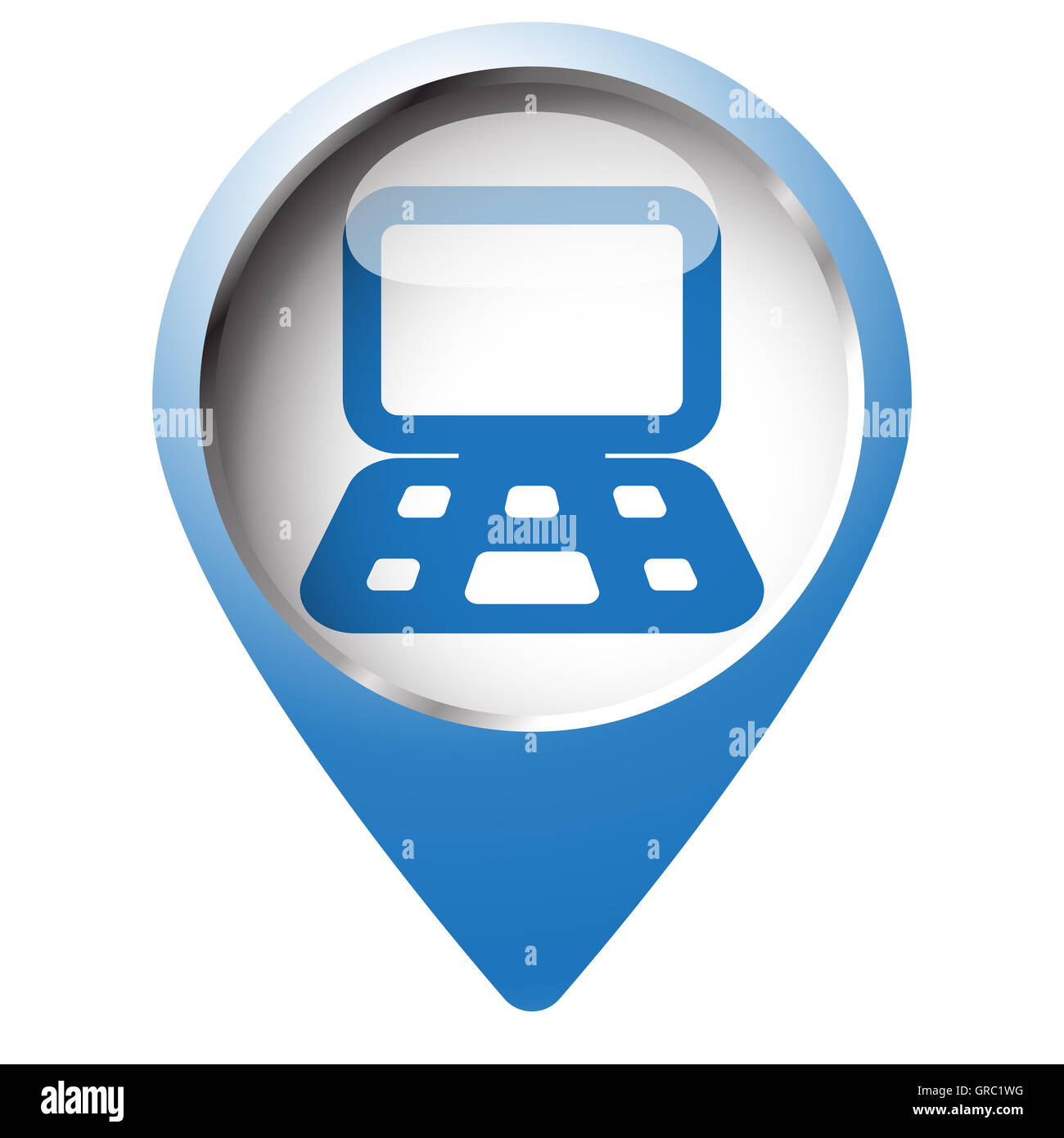 Mappa pin simbolo con l'icona del computer. Simbolo blu su sfondo bianco. Foto Stock