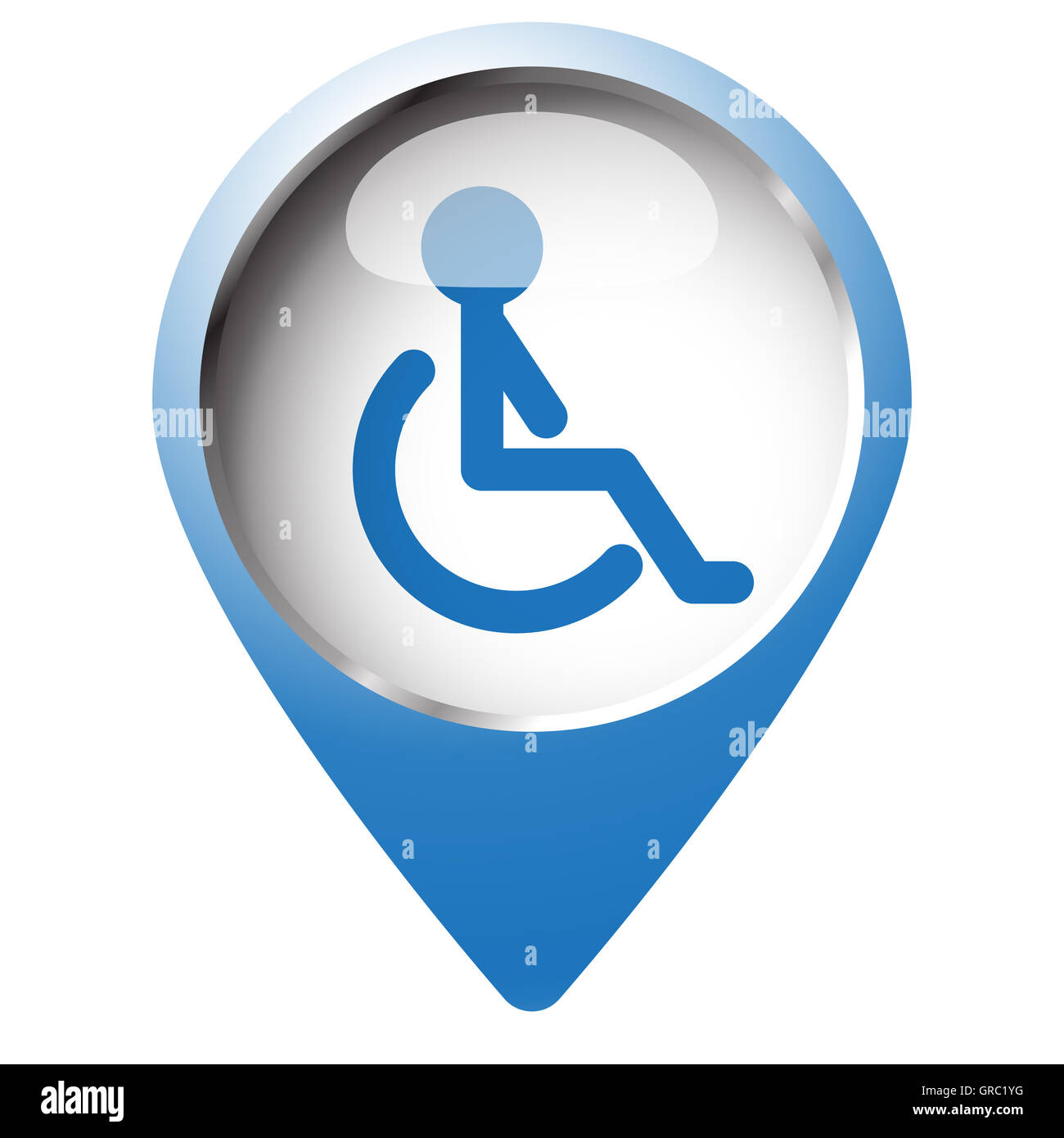 Mappa pin simbolo con la sedia di ruota e la relativa icona. Simbolo blu su sfondo bianco. Foto Stock